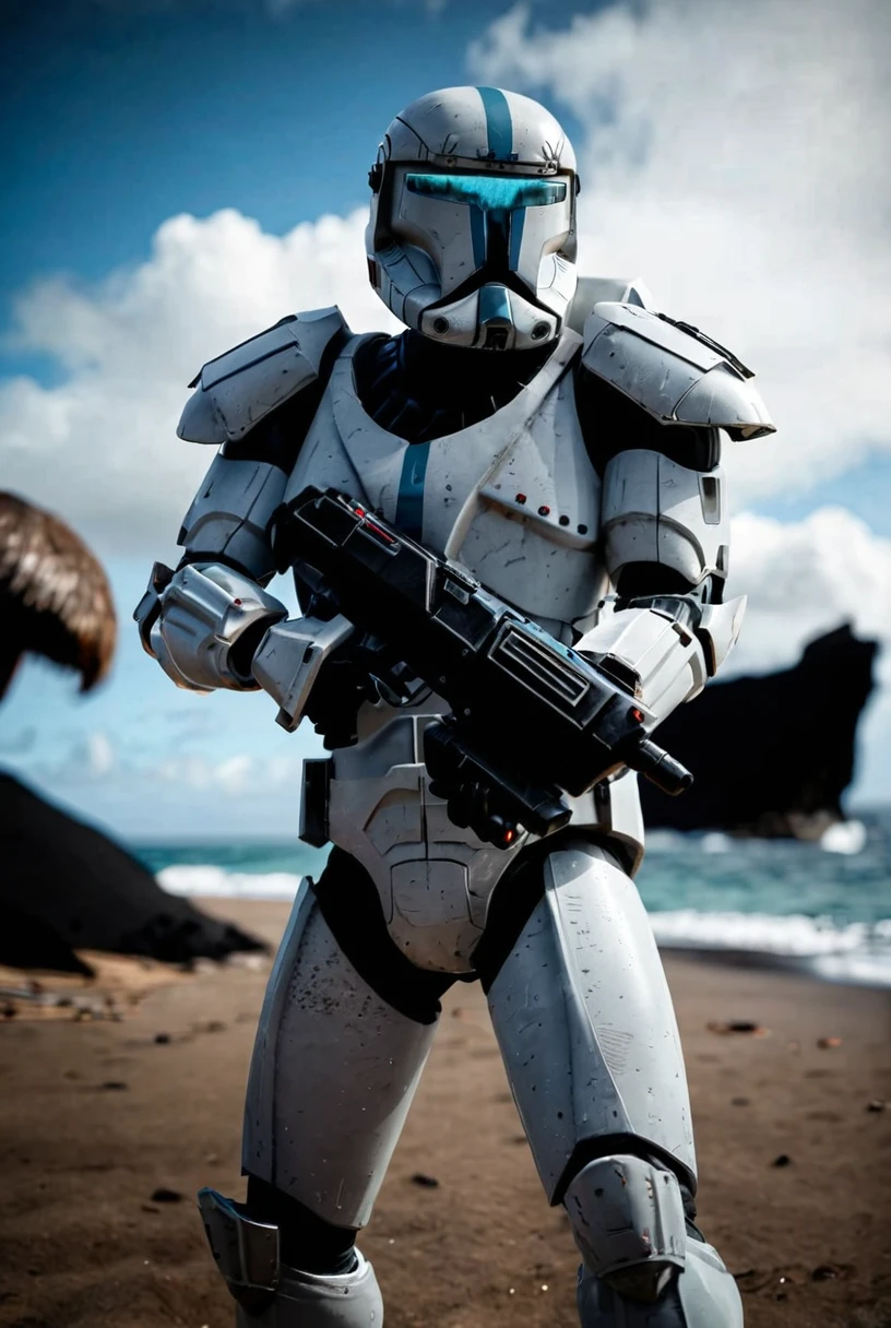 7-CloneCommando micro photography, full body photo, black sand, detailed helmet, beach, white dominated lighting, holding gun, accurate gun
 smooth armour, metallic surface, reflections, rtx
cinematic masterpiece, slow motion, highly detailed armour, smooth reflective surface
 <lora:Clone Commando v1.0:0.8>  <lora:add-detail-xl:0.5>