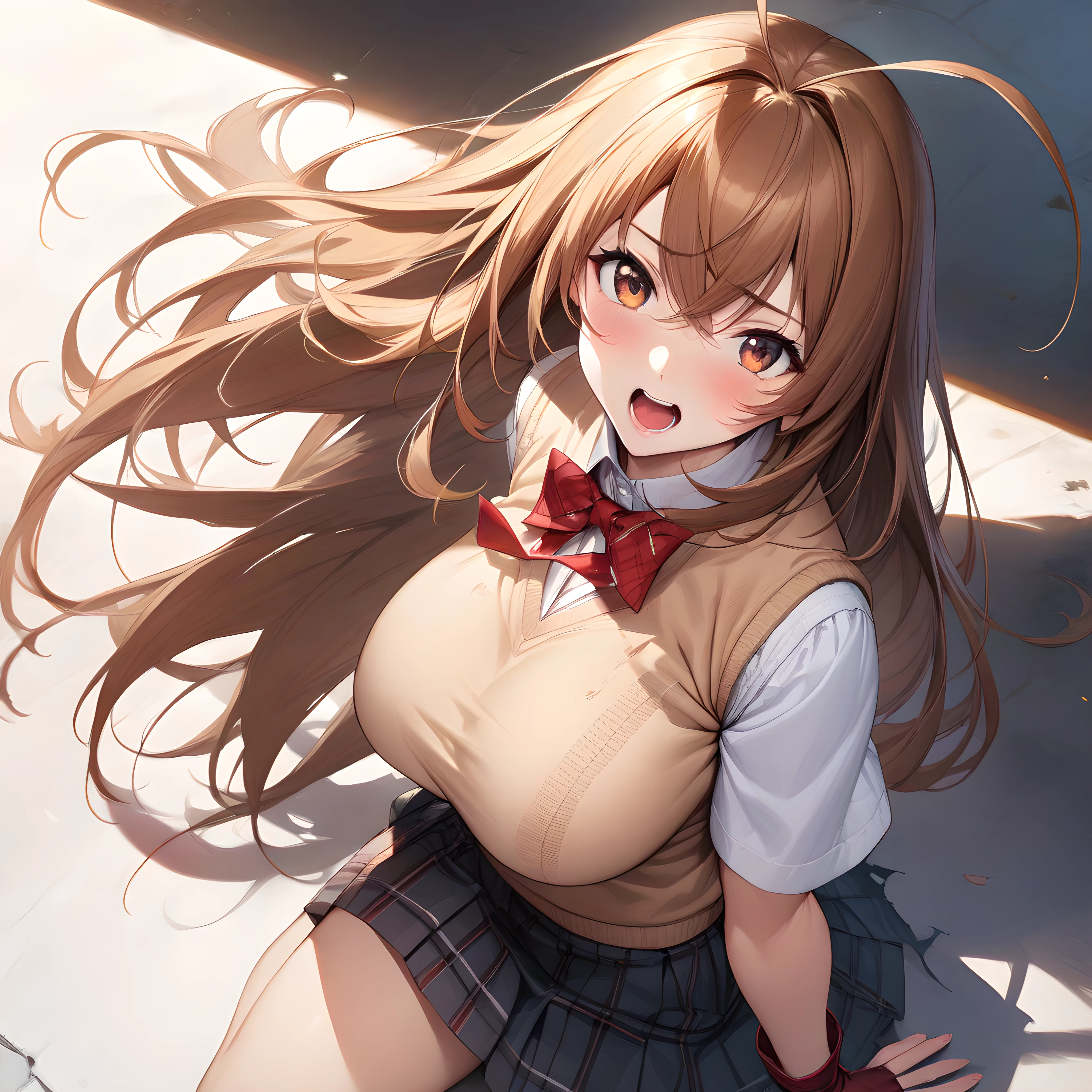 (masterpiece),(best quality),(ultra-detailed),(best illustration),(best shadow),(absurdres),(detailed background),(very aesthetic), sonsaku_hakufu, 1girl, gloves, solo, long hair, fingerless gloves, torn clothes, skirt, breasts, school uniform, antenna hair, open mouth, large breasts, sweater vest, white background, red gloves <lora:XL-SonsakuHakufu:1>