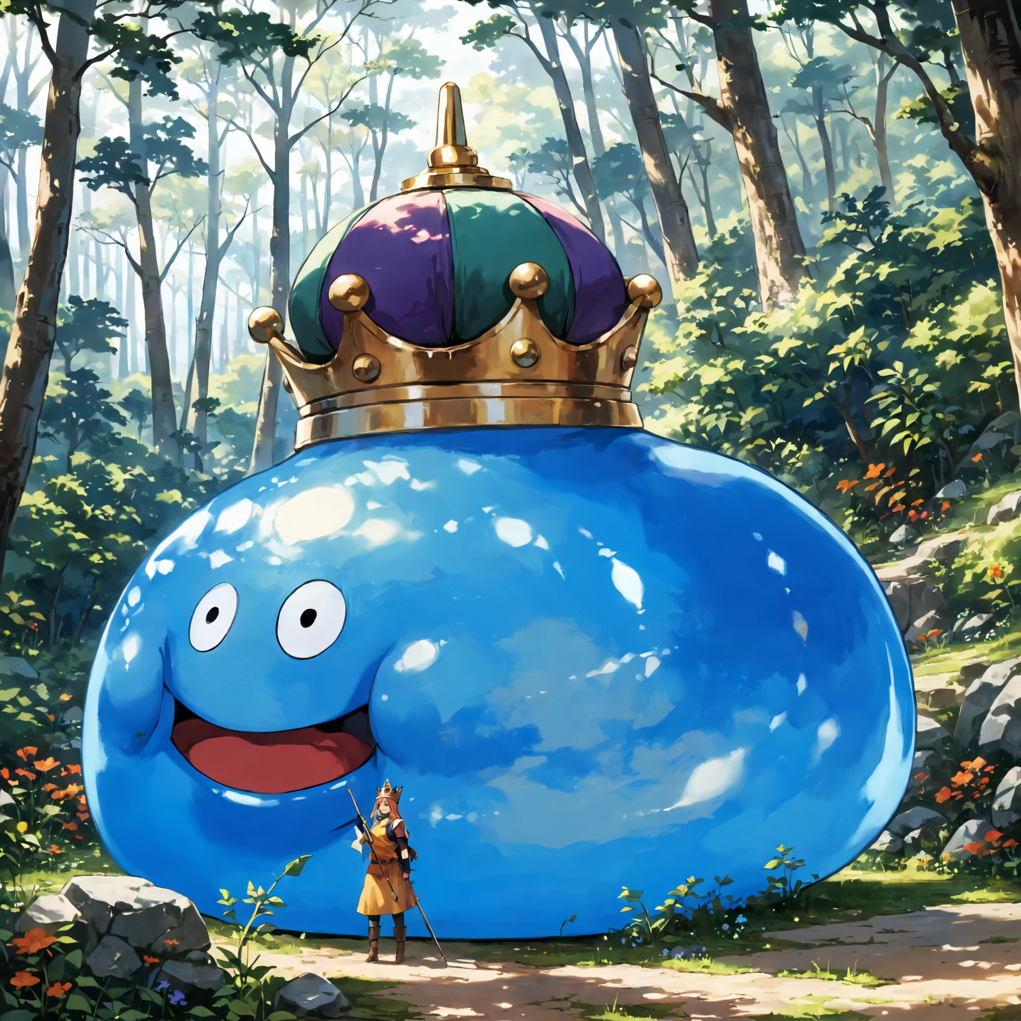 score_9,score_8_up,score_7_up,best quality,masterpiece,super detailed,extreme detailed,full_body,zPDXL,(nature:1.1),(forest:1.1) BREAK full_body.BREAK,
<lora:Pony_DetailV2.0:1> BREAK king slime,slime (dragon quest),crown,no humans,<lora:king slime:1>,:D,