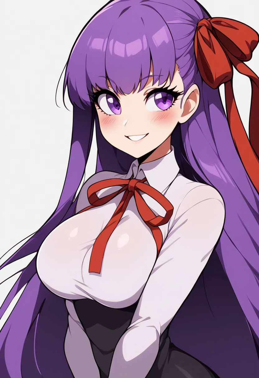 score_9, score_8_up, score_8, medium breasts, (curvy), cute, eyelashes,       
zzBB, long hair, purple hair, purple eyes, bangs, ribbon, breasts, hair ribbon, smile, large breasts, very long hair, red ribbon, blush, neck ribbon,
smile, 
, zPDXL, p4st3lg0r3