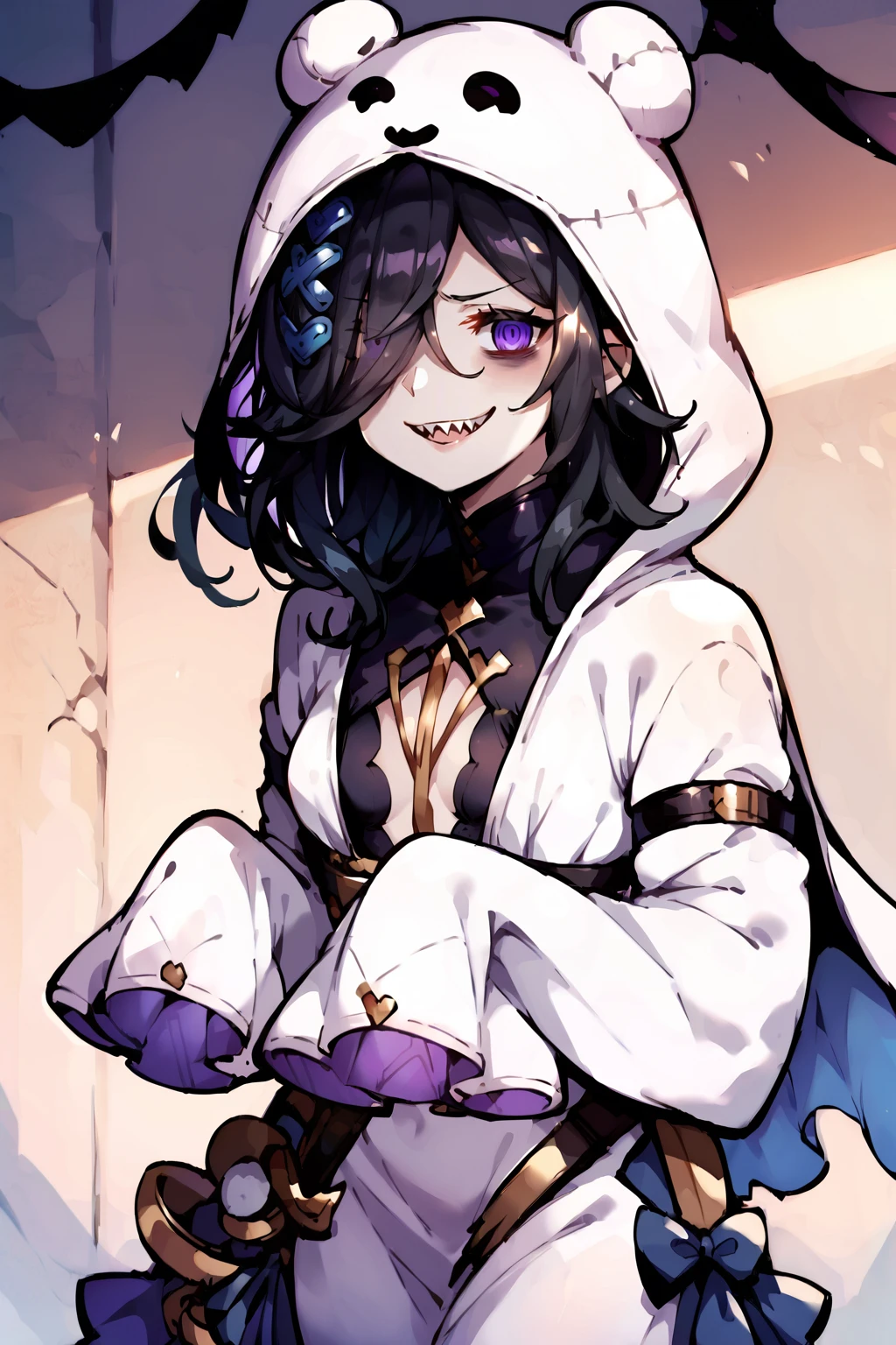 red eye, eyepatch, one eye covered, tiara, crown, fur trim, thighhighs, thigh boots, boots, belt, cape, jacket, vest, harness <lora:Vanica:0.75>, ((1girl, solo)), (blue skin), colored skin, masterpiece, best quality, glowing eyes, Smouldie, dark hair, short hair, (tail:1.1) <lora:Smolder1_1:0.94>, simple background, smile, blushing