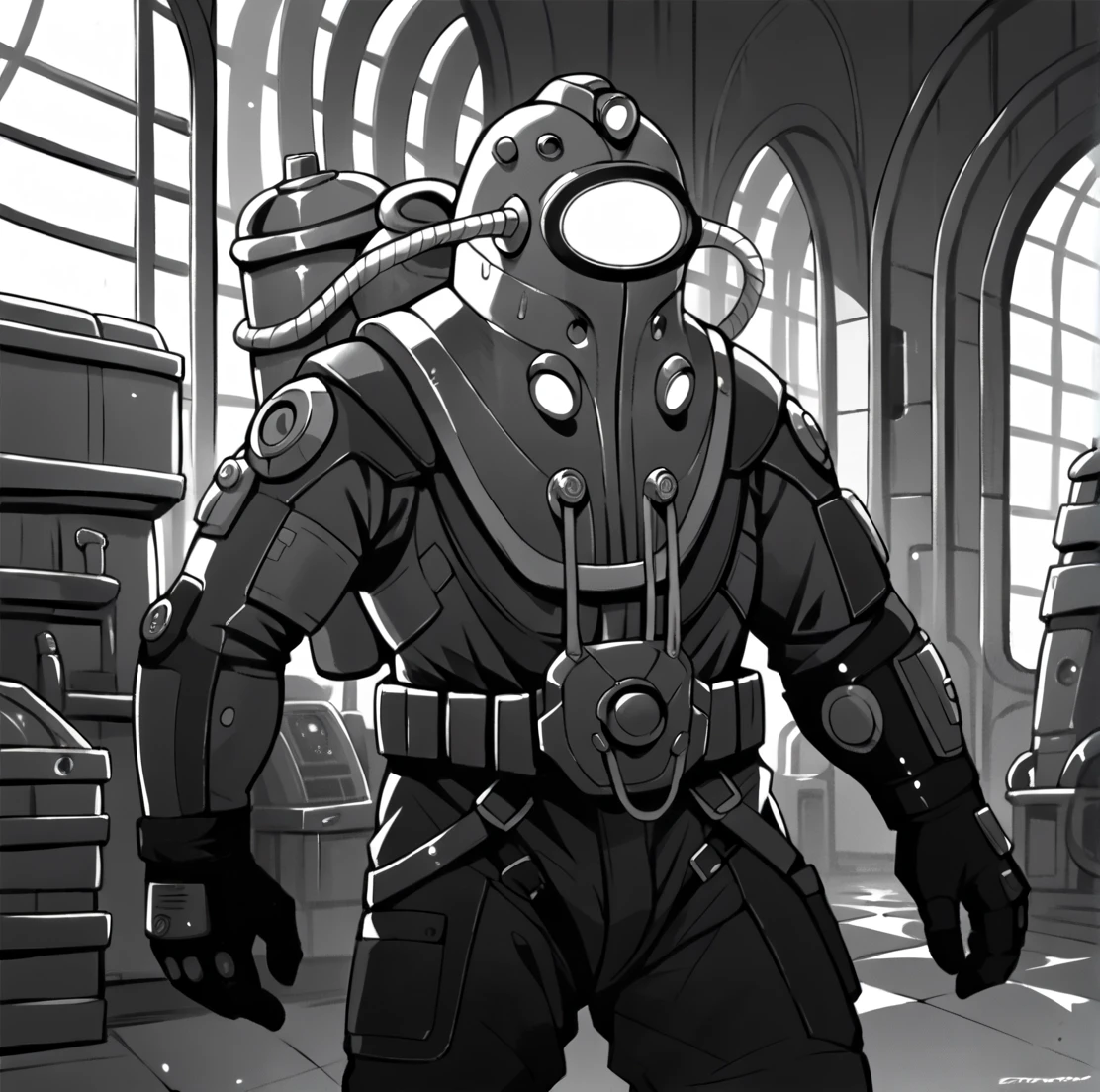 score_9, score_8_up, score_7_up, score_6_up, score_5_up, score_4_up, detailed background, 
 <lora:Subject_Delta_Bioshock_2_for_PonyXL:0.7>, 1boy, subjectd3lt4, diving suit, science fiction, solo, male focus, 
 <lora:PonyManga:1> monochrome, greyscale