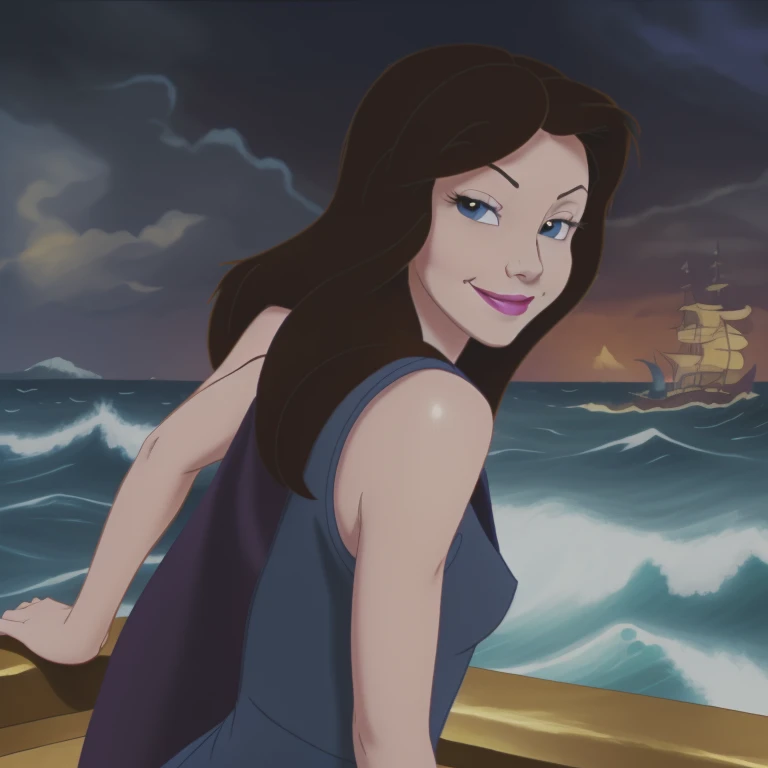 <lora:Vanessa-V1:0.8> Va79ssa,(disney style drawing with dark lines),1girl, woman,clothed,gold shell necklace,purple sleeveless dress, smirk,purple eyes, (evil)
<lora:DisneyRenV2:0.1> disneyrenaissance style
stormy sea, nighttime