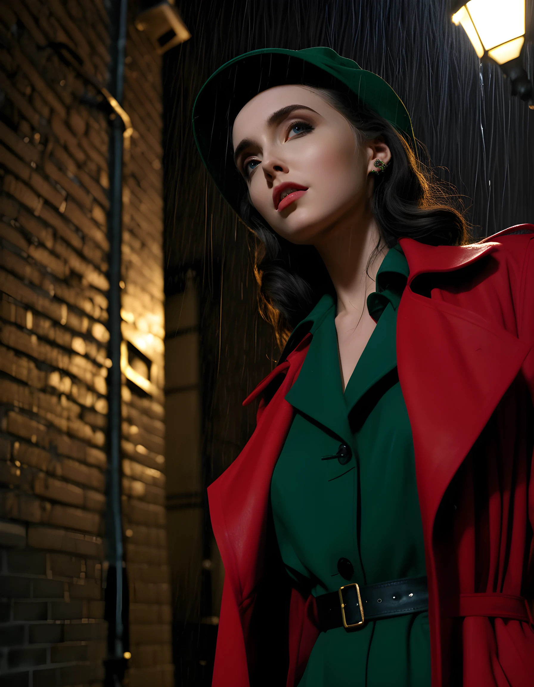 In a dark, moody noir-inspired setting of a dimly lit, rain-soaked 1940s New York City alleyway, the camera captures Lena from a low angle as she stands tall and confident in a vibrant red trench coat with matching hat, her raven hair cascading down her back, and her piercing green eyes staring intensely into the distance, the yellow glow of a single streetlight casting a dramatic spotlight on her face, creating an atmosphere of mystery and intrigue.