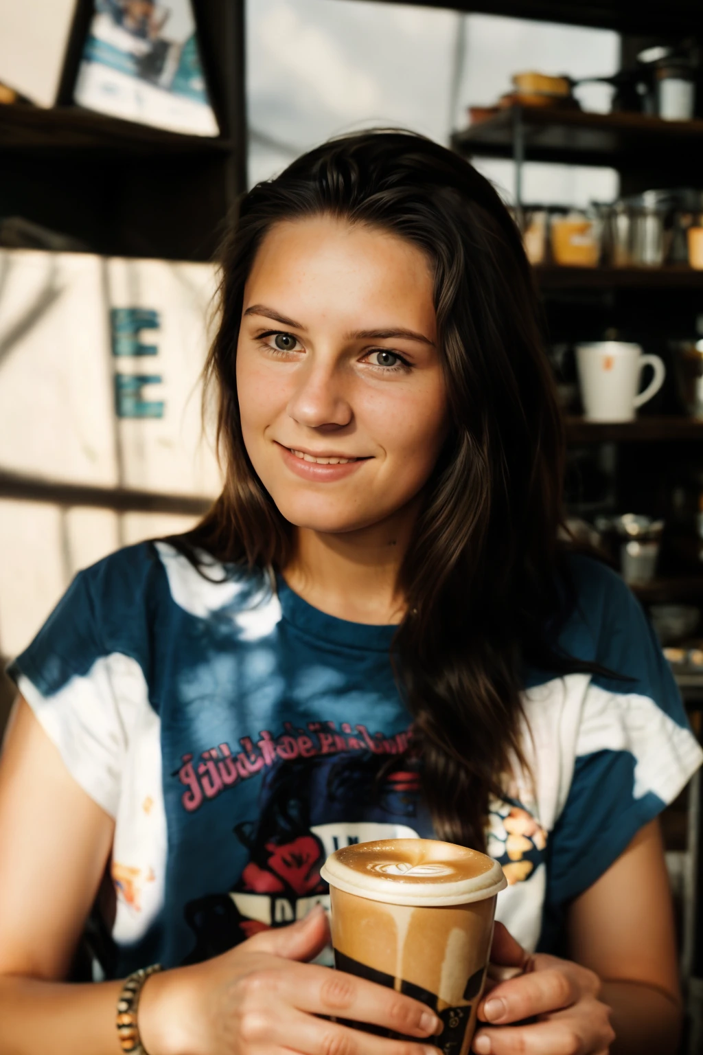 <lora:AnnaMarek:0.8> full color portrait of a young woman, having coffee at a vintage cafe, natural light, RAW photo, subject, 8k uhd, dslr, soft lighting, film grain, Fujifilm XT3, Nikon D850