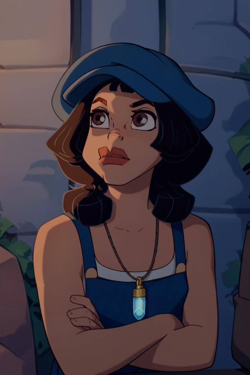 score_9, score_8_up, score_7_up, <lora:ATlantis:0.9>,score_9, score_8_up, score_7_up, audrey ramirez, brown eyes, dark skin, black hair,blue headwear, tank top, overalls,  jewelry, necklace, closed mouth, meme, suspenseful, standing, crossed arms, portrait face focus,  outdoors, solo, best quality, high quality,2d, cartoon