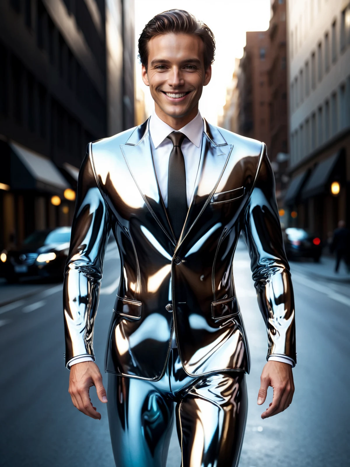 man wearing a mad-chrm suit walking through city, light smile, <lora:Chrome_SDXL:0.8>, (masterpiece:1.2), best quality