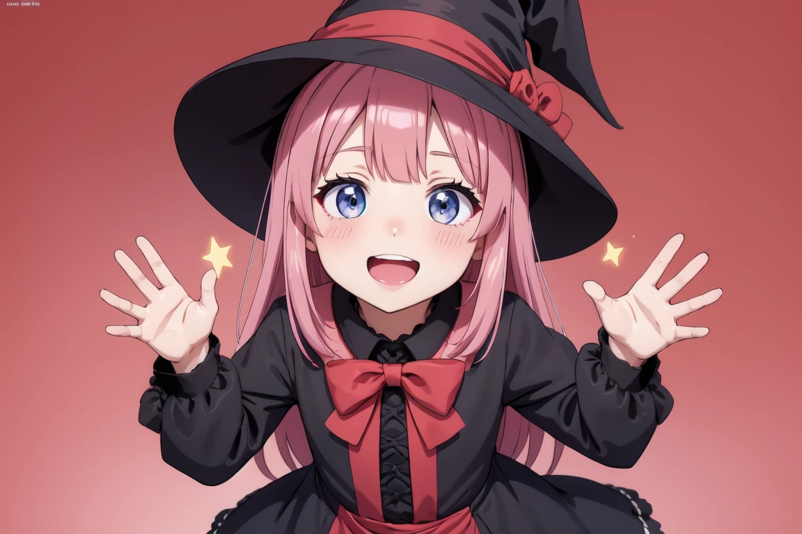 masterpiece,(best quality, high quality, highres:1.2), a woman in a witches hat and black dress with lights behind her and a pink background with a starburst, blurry, depth_of_field, facing_viewer, red_background, red_sky, smile, solo, bloodborne, a hologram, magical realism, (flat_color:1.1), (anime_coloring:1.1), (realistic_nose:-0.8),(megami magazine:1.1), open hands, pink hair