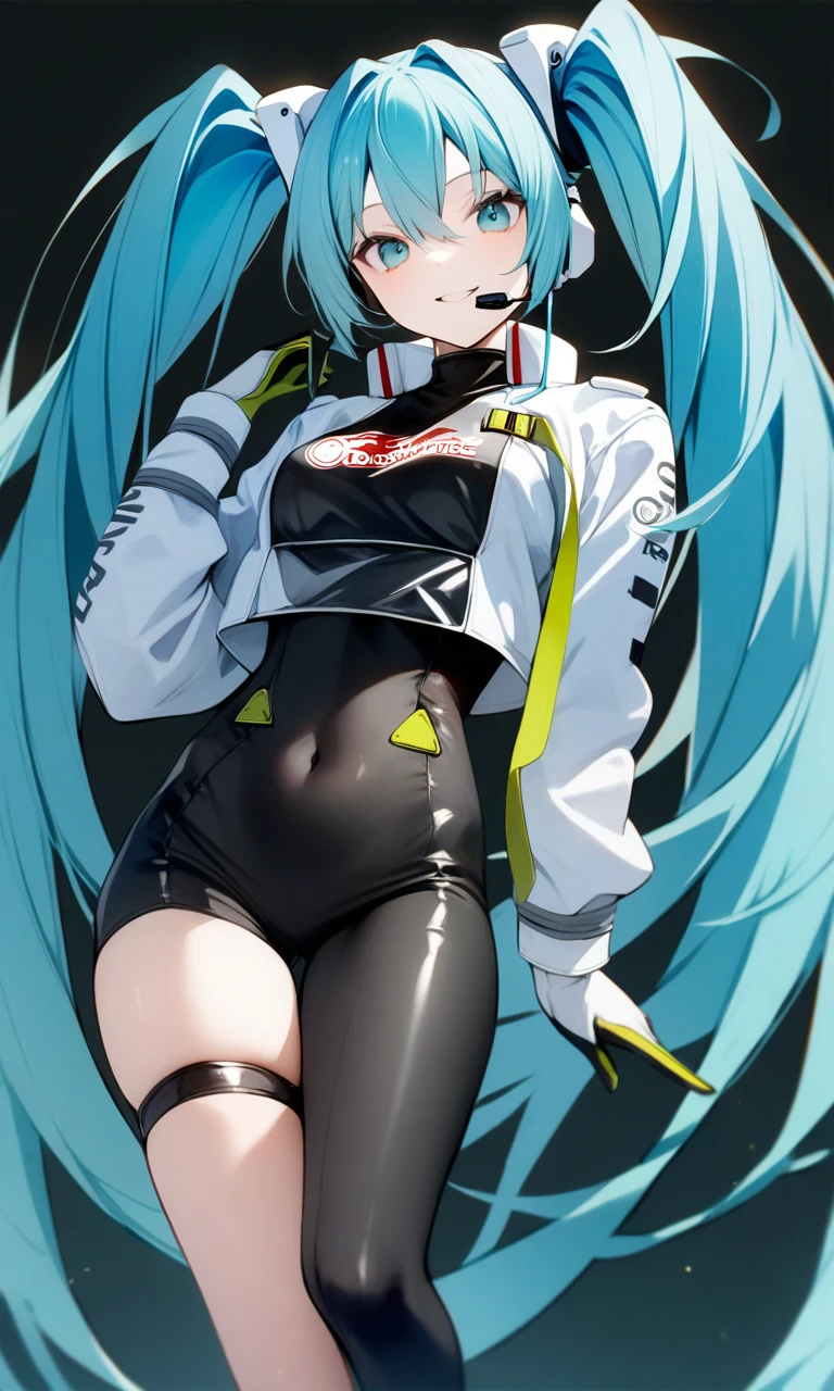 1girl, miku22, aqua eyes, aqua hair, black bodysuit, breasts, covered navel, cowboy shot, hatsune miku, headset, long hair, looking at viewer, race queen, skin tight, solo, thighhighs, twintails, very long hair, zipper, asymmetrical legwear, 
masterpiece, absurdres,
<lora:RacingMiku2022_XL:1>