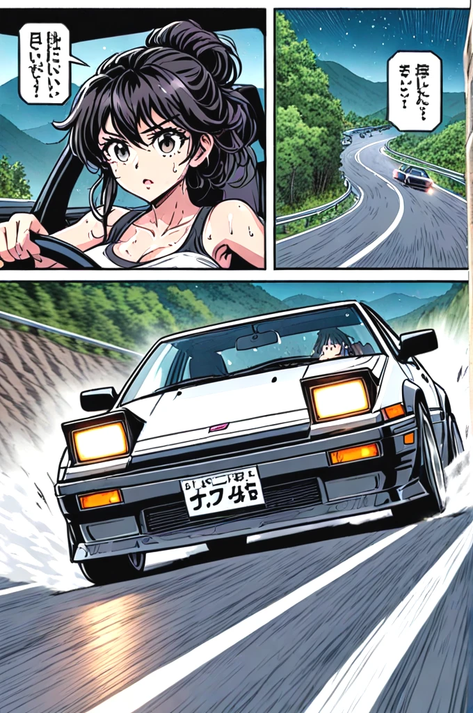 source_anime, score_9, score_8_up, score_7_up, comic, manga, drifting style, solo focus, 1girl in car interior, tank top, big tits, black hair, updo, AE 86, Initial D, seatbelt, motion lines, motion blur, driving, sports car, reflection, dust, wind, downhill, slope road, mountain road, wet, fog, tree, cliff, night, starry sky, <lora:50pics_driftingstyle_pony:0.9>