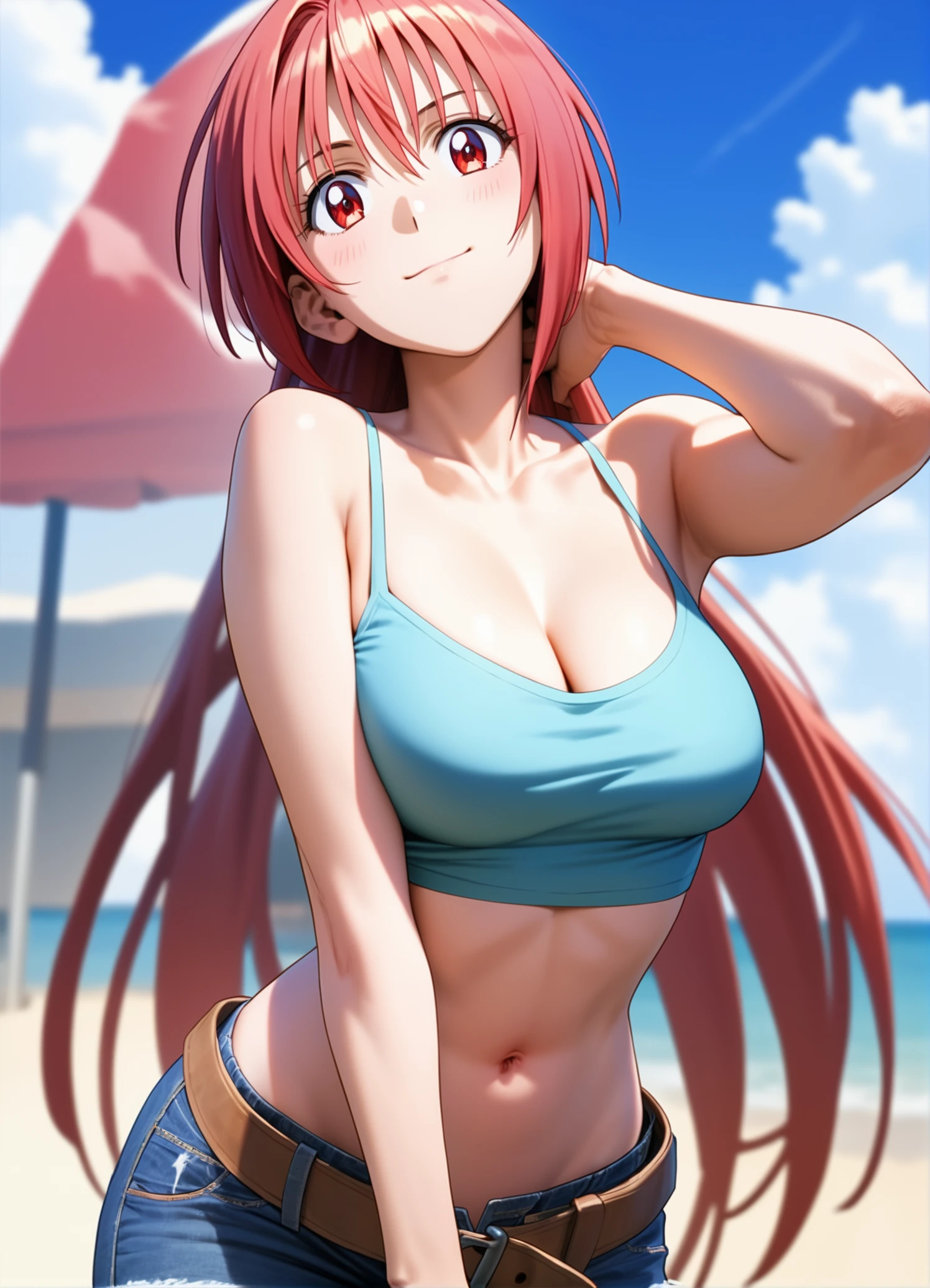 (high quality,Very detailed:1.37, High resolution), Woman, Erza, animerza, red hair, navel, flame pants, collarbone, bare shoulders, cleavage, hair over one eye, large breasts, long hair, bandages, chest sarashi, white ribbon, beach, looking at viewer, brown eyes, ponytail, masterpiece, best quality, (wetting herself:1.5), (embarrassed:1.5), (humiliation:1.5), (sweating:1.25), (blushing:1.5), standing