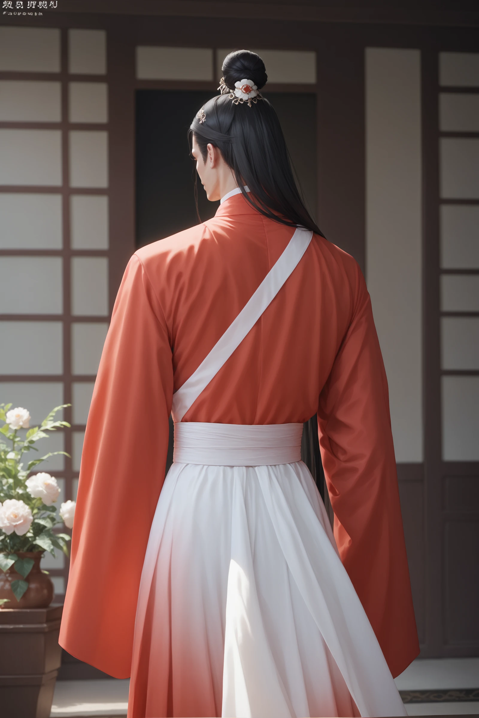 score_9, score_8_up, score_7_up, source_photo, solo, male focus, very long hair,  1boy, standing, from behind, red hanfu, gradient dress, toned, hair bun, pale skin, long hair, black hair, hair ornament, realistic, <lora:ahliponyv1-000001:0.85>