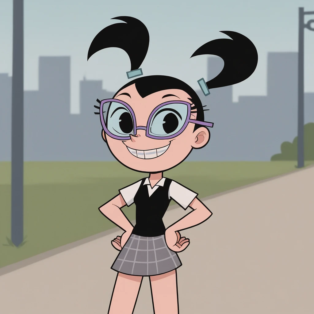score_7_up, BREAK, Tootie, 1girl, solo, black hair, twintails, black eyes, glasses, white shirt, school uniform, plaid skirt, <lora:Tootie_FOP_PXL_Leaf2:1>, cowboy shot, outdoors, hands on own hips, smile,