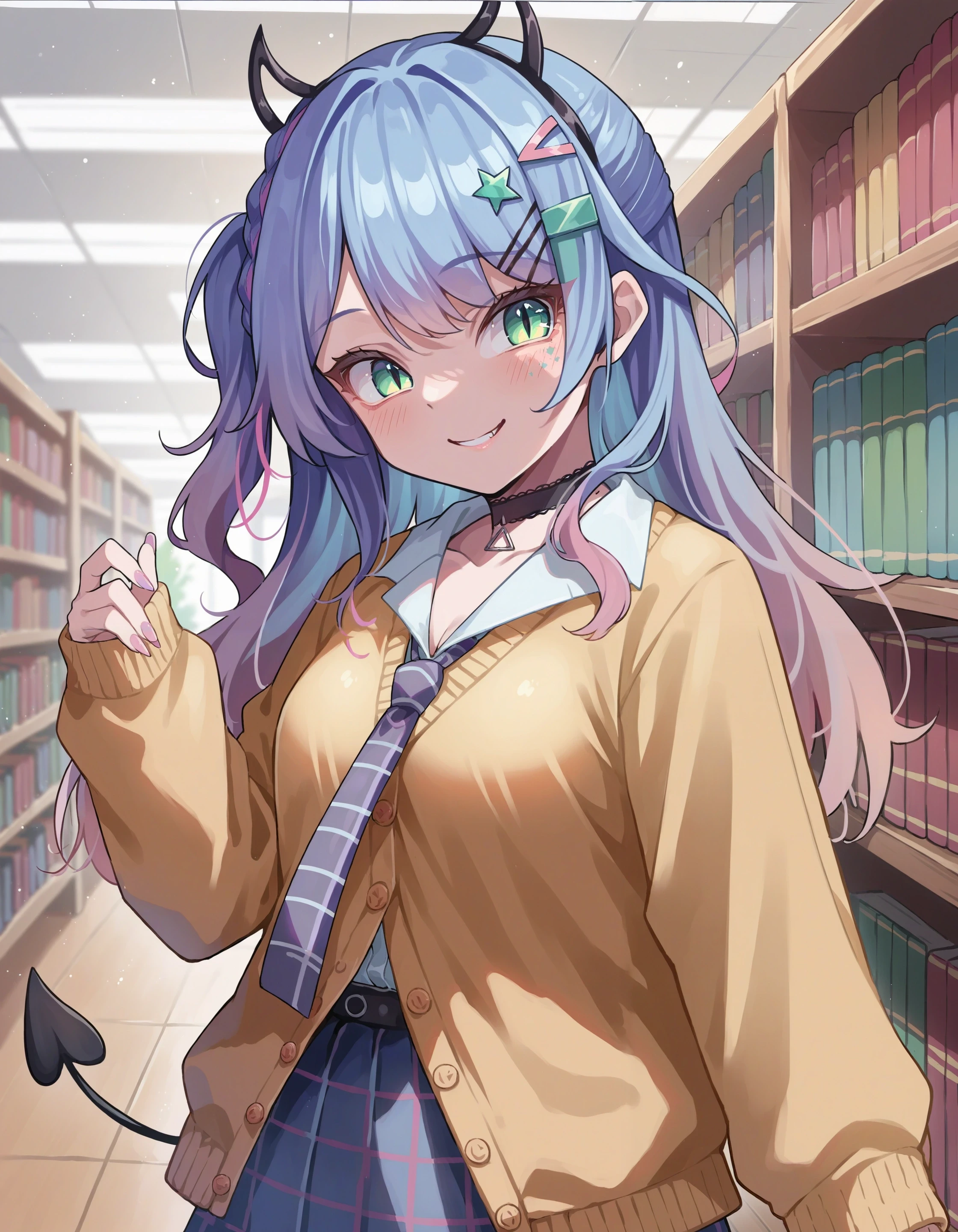 score_9, score_8_up, score_7_up, source_anime,
1girl, sata nakia, hairclip, fake horns, smile, slit pupils,
sweater, necktie, plaid skirt, buttons, miniskirt, choker, library, demon tail
<lora:char_sata_nakia-pony-lbw:1>