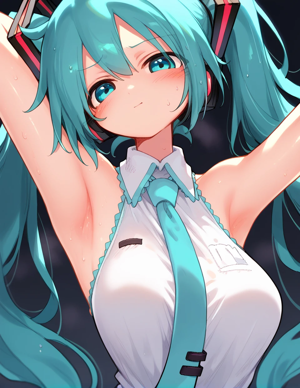 Hatsune Miku,Your eyes are sparkling like tiny, beautiful stars々,((Cover your nipples with your right hand to hide them:1.4)),((The left hand is placed over the crotch to hide it.:1.4)),Small breasts,Body is thin,whole body,面積の小さいビキニ水着はHatsune Mikuの色,sexly,One Girl,12 Talents