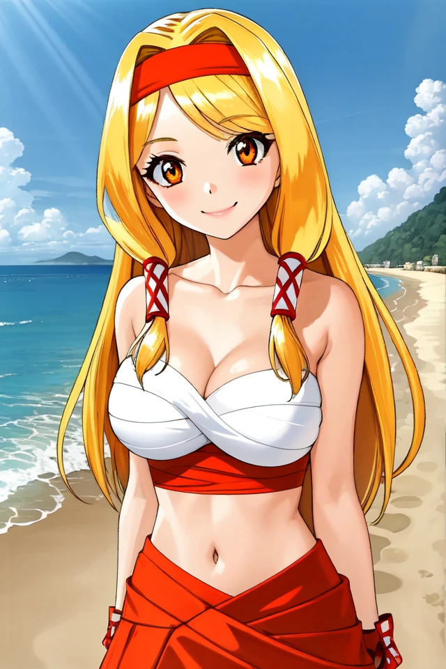 1 girl, outdoors, beach, ocean, standing, smile, pov, looking at viewer,
 <lora:Thousand_Arms_-_Palma_Esterte:0.65> tapalma, blonde hair, long hair, red headband, sidelocks, hair tubes, orange eyes
cleavage, large breasts,
bare arms, bare shoulders, sarashi, wrist wrap, midriff, long skirt,
 <lora:outfit-japan-fundoshi2:0.5>