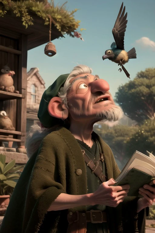 britch, bird, looking up, beard, book, hat, weapon, sword, outdoors, plant, <lora:ec0bdd15-0cc6-4b1b-9deb-c5b7bb382220:0.7>