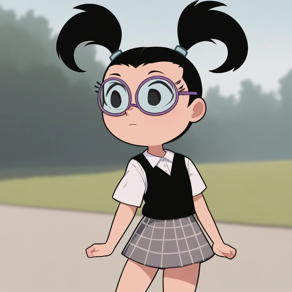 score_7_up, BREAK, Tootie, 1girl, solo, black hair, twintails, black eyes, glasses, white shirt, school uniform, plaid skirt, <lora:Tootie_FOP_PXL_Leaf2:1>, cowboy shot, outdoors,