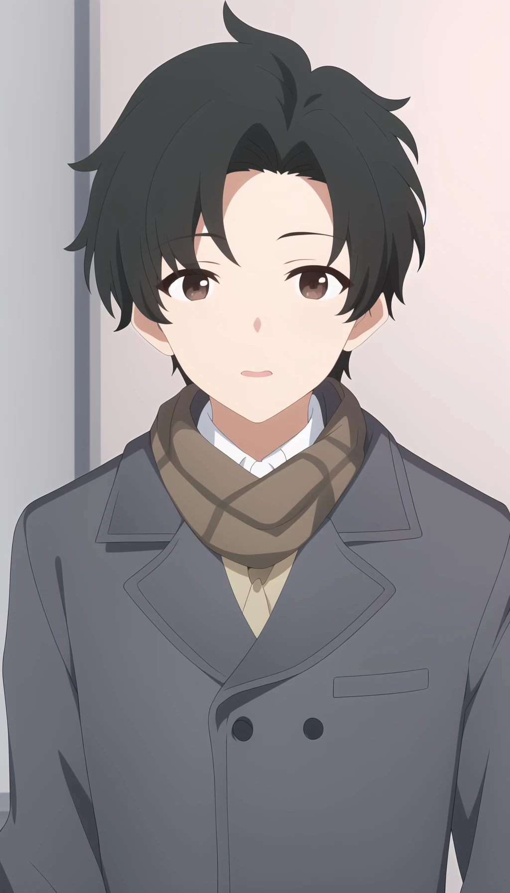 sensei,1boy,male focus,black hair,solo,brown eyes,beautiful detailed face,beautiful detailed eyes,looking at viewer,upper body,sweater,brown scarf,overcoat,pov,<lora:sensei:0.7>,