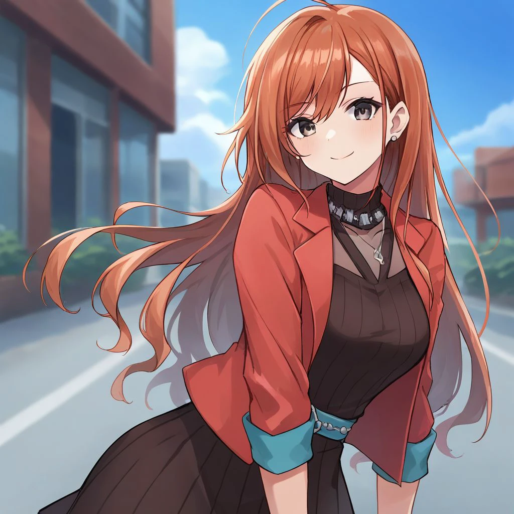 score_9, score_8_up, score_7_up,Captivating Eye Reflections,beautiful detailed eyes,lower eyelid,beautiful detailed face,BREAK ,source_anime,Arisugawa Natuha,1girl,large_breasts,black eyes,orange hair,long hair,ahoge,red jacket,pale blue belt,three quarter sleeve,black dress, jewelry necklace,outdoor,busy street,blue sky,sunshine,smile