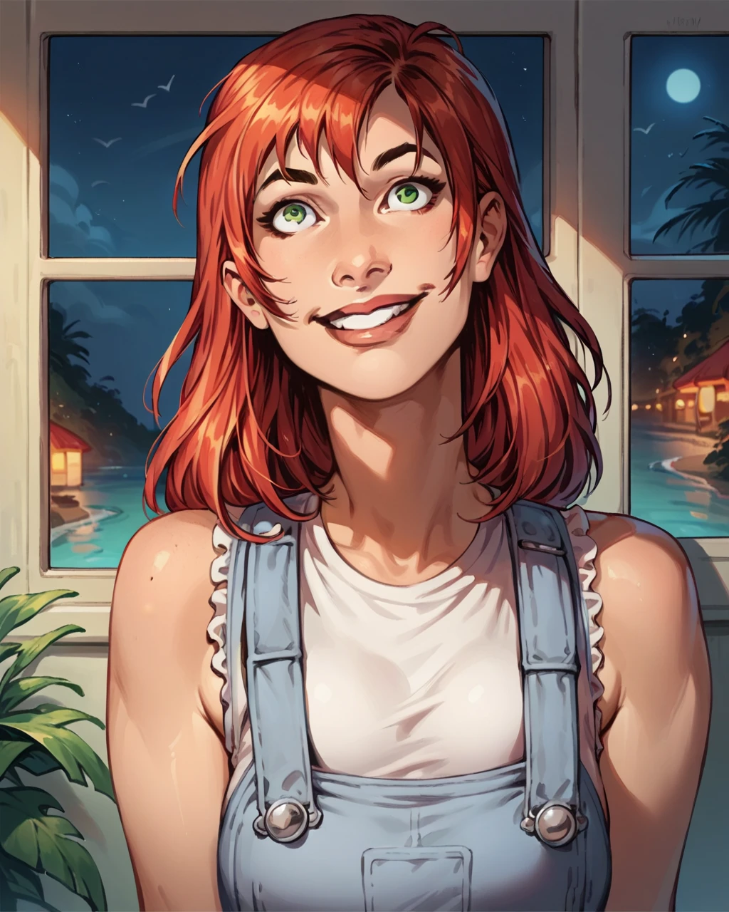 score_9, score_8_up, score_7_up, score_6_up, 2d, 1girl, MJW, solo,medium hair,green eyes,red hair, vibrant, highly detailed, overalls, white shirt, petite, dark, indoors,smile,shiny skin,beach at night