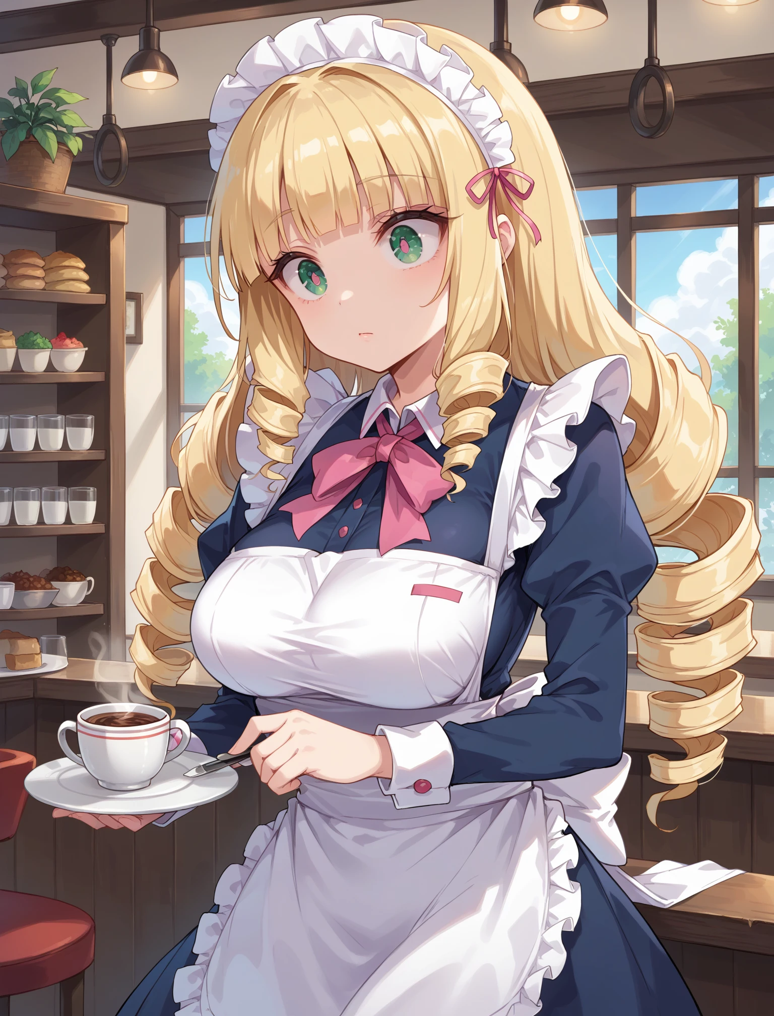 score_9,score_8_up,score_7_up,
1girl,(blue waitress's uniform:1.4),(drill hair:1.5),((pink maid headdress)),((white apron)),blonde hair,long hair,blunt bangs,ultra-detailed face,beautiful detailed eyes,((wide-eyed)),green eyes,large breasts,(cute eyes:1.4),expressionless,solo,
cowboy shot,
cafe,coffee,