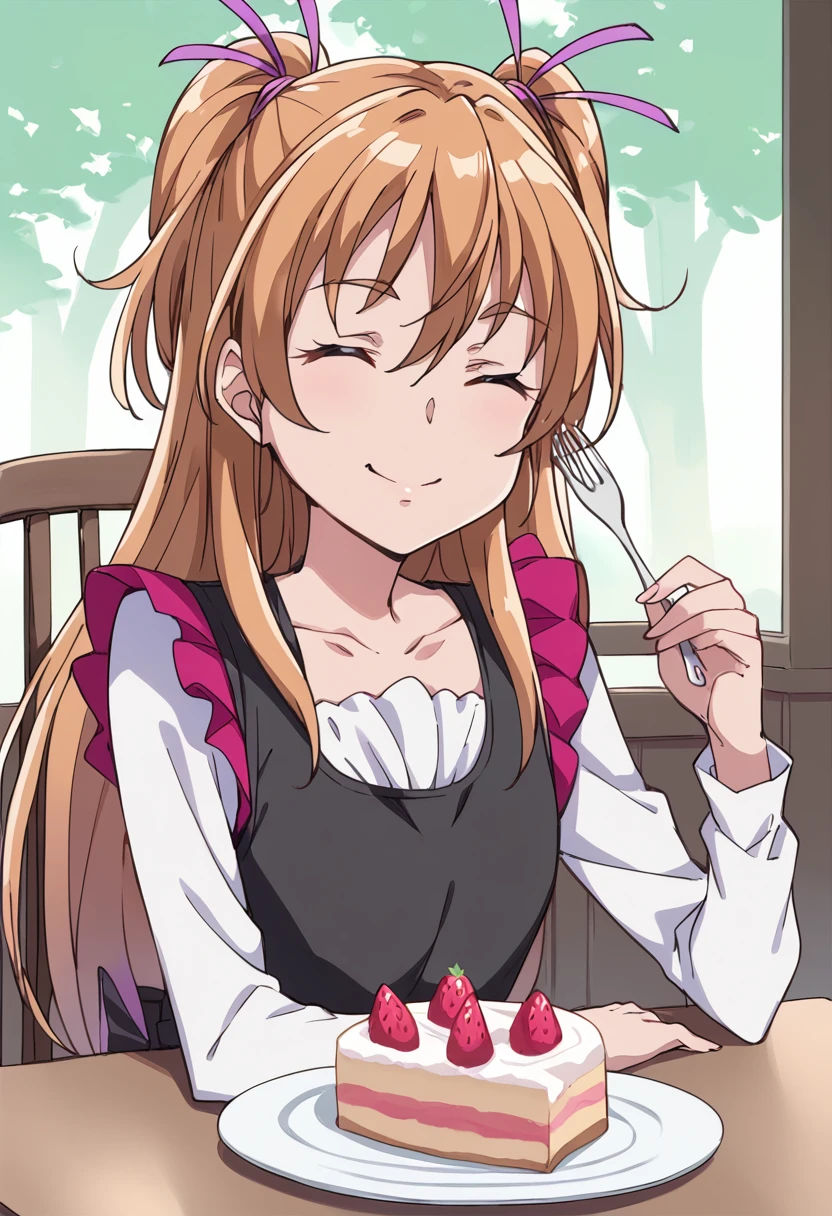 score_9, score_8_up, score_7_up, source_anime BREAK
houjou hibiki, 1girl, closed eyes, fork, two side up, eating, solo, plate, chair, hair ribbon, brown hair, holding fork, table, :t, long sleeves, indoors, collarbone, eyelashes, white shirt, shiny hair, holding plate, closed mouth, pink ribbon, frills, upper body, very long hair, sitting, eyebrows visible through hair, orange hair, smile, hair between eyes, half updo, blonde hair, black dress, food on face, apron, black vest, hair ornament, dish, chewing, wooden chair, twintails, purple ribbon, desk, light brown hair, strawberry shortcake, outdoors, heart print
<lora:cure_melody_houjou_hibiki_sdxl_locon_pony_v1:0.7>