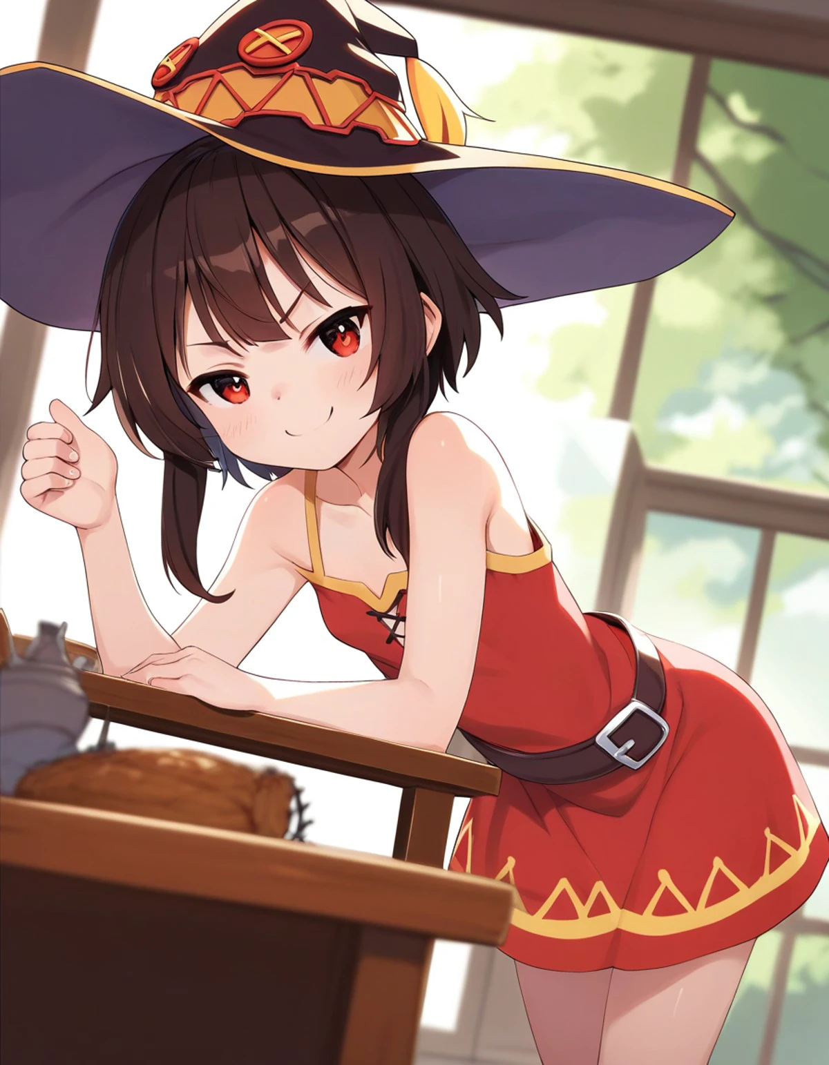 score_9, score_8_up, score_7_up,score_6_up,score_5_up,score_4_up, rating, 1girl, thumbs up, bent over a table, (megumin:0.8), solo, red dress, witch hat, smile, smug, frown
<lora:teruki_kuma_style_pony6_v1:.8>