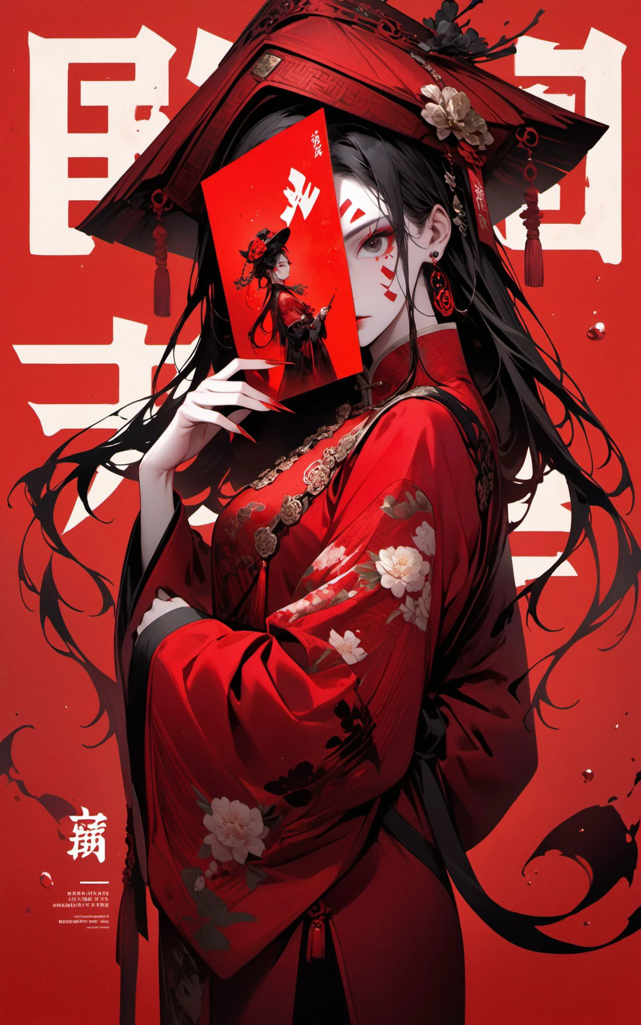 XUER poster art,1girl,solo,long hair,looking at viewer,black hair,long sleeves,hat,holding,jewelry,closed mouth,upper body,flower,earrings,hand up,wide sleeves,nail polish,black eyes,fingernails,makeup,
facial mark,chinese clothes,floral print,lipstick,red headwear,red nails,long fingernails,red lips,holding fan,red theme,
<lora:绪儿 海报艺术 XUER poster art:0.8>,
A shot with tension,(Visual impact,giving the poster a dynamic and visually striking appearance:1.2),impactful picture,(full body:1.3),
(masterpiece, best quality:1.2),offcial art,colorful,splash of color,movie perspective,advertising style,magazine cover,fashionable,