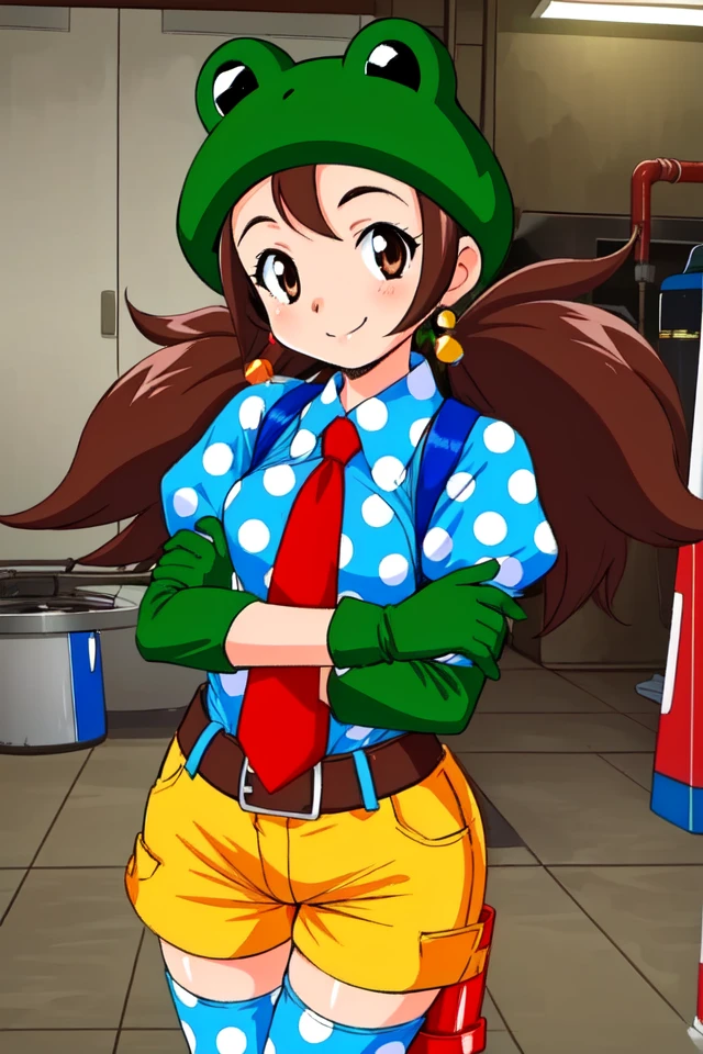 1 girl, indoors, mechanic shop, pipes, standing, smile, pov, looking at viewer,
 <lora:Thousand_Arms_-_Marion_Shoumock:0.6> tamarion, brown hair, frog hat, brown eyes
polka dot shirt, puffy sleeves, short sleeves, red necktie, green gloves, asymmetrical legwear, puffy shorts, mismatched legwear, jetpack,