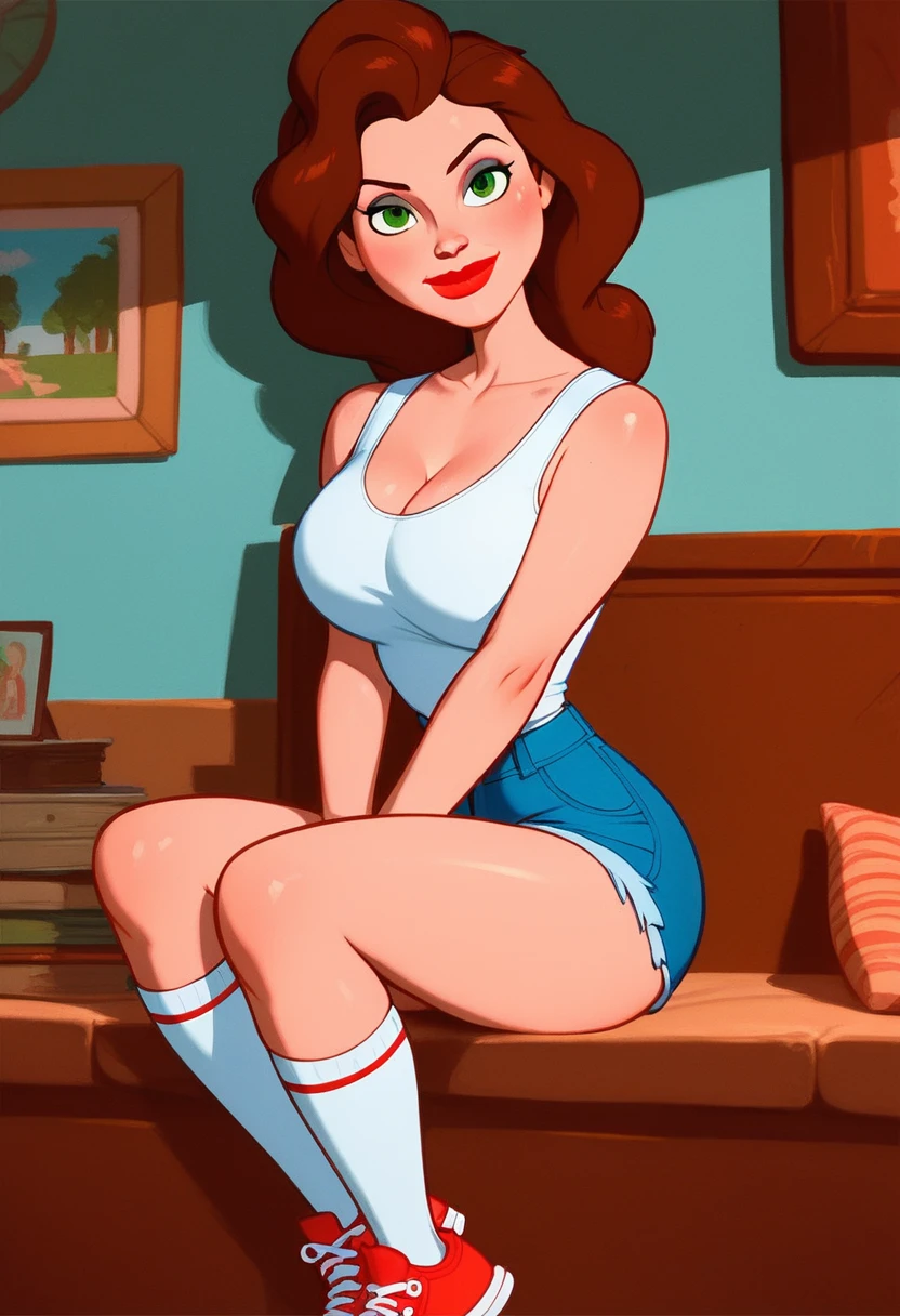 score_9, score_8_up, score_7_up, looking at viewer, <lora:Annie_Hughes_PDXL:0.8> anniehughesxl, brown hair, red lips, green eyes, long hair, smile, big breasts, makeup, denim shorts, sitting, tank top, socks, sneakers, bedroom,