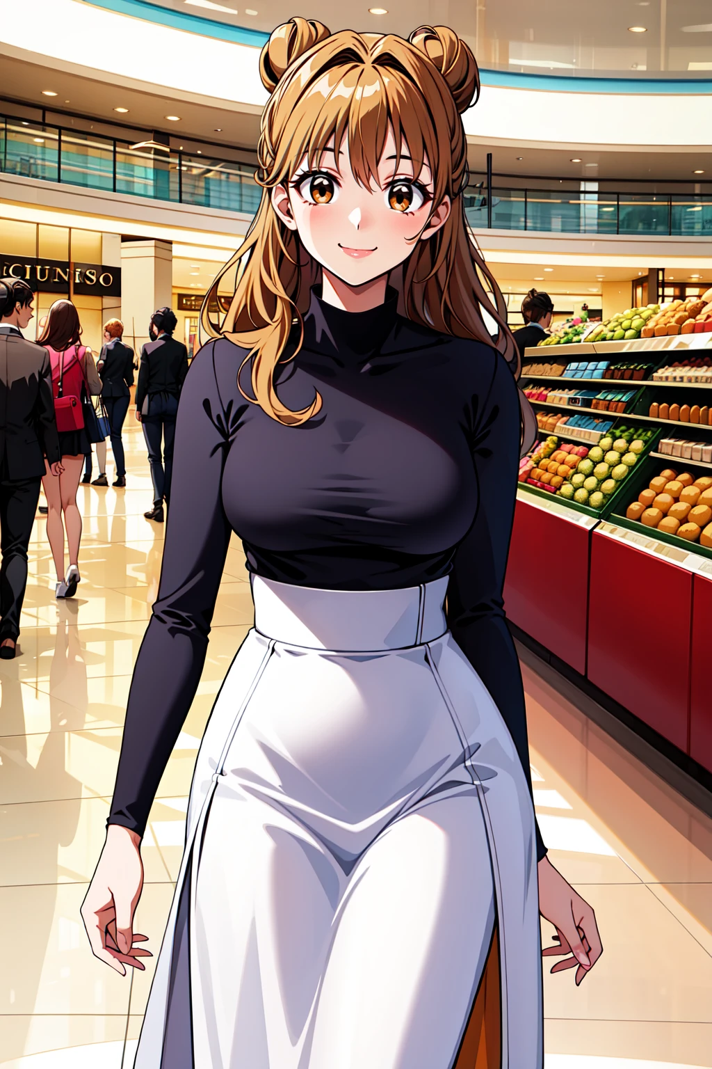 best quality, masterpiece, highrers, maronk, smile, hair down, doughnut hair buns, 
looking at viewer, high-waist skirt, long skirt, white skirt, black shirt, long sleeves, smile, 
standing, indoors, shopping mall
<lora:maronk-000007:.6>