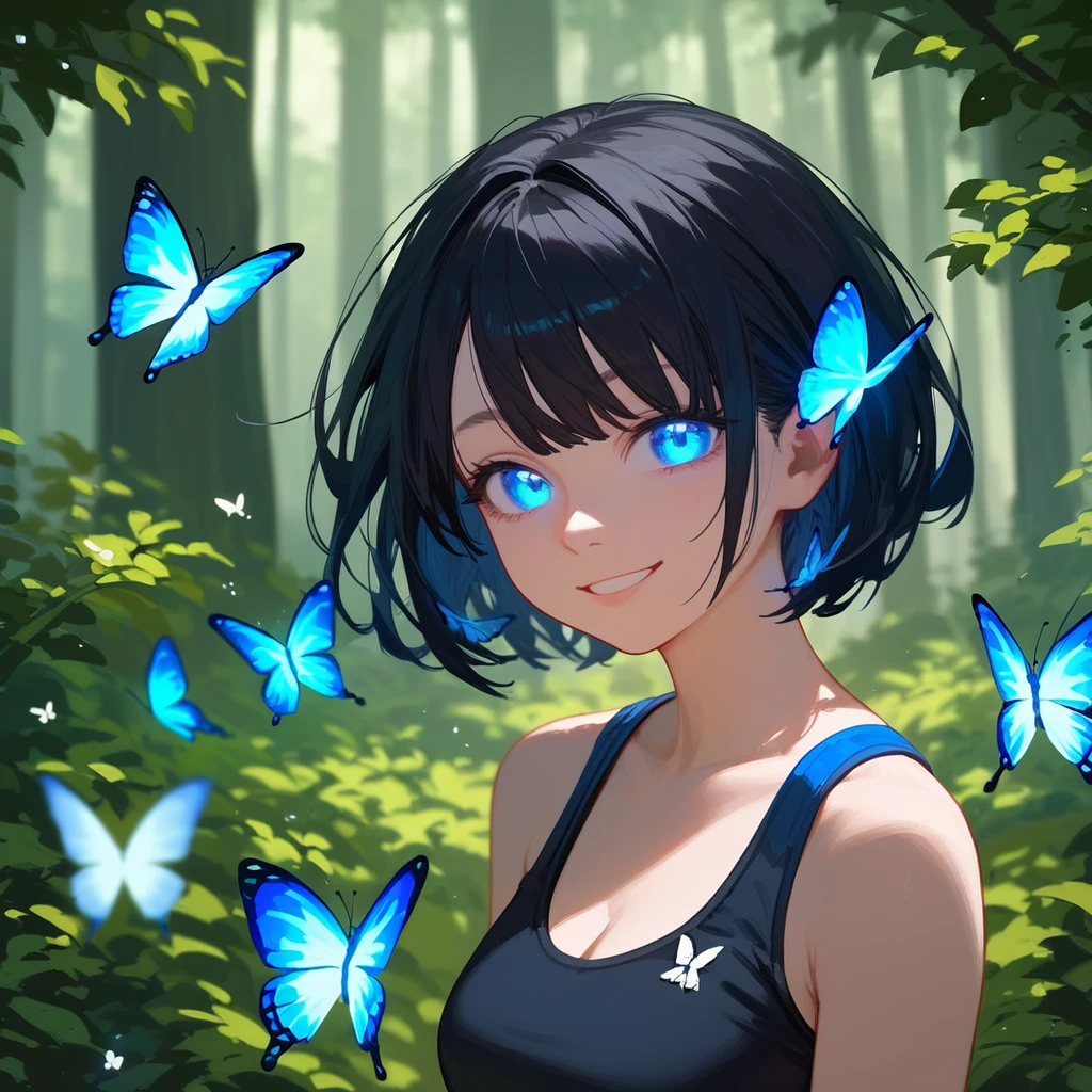 score_9, score_8_up, score_7_up, PDXL, <lora:ProfPic-000001:1>, pr0fpic, portrait, 
1girl, cute face, detailed eyes, blue glowing eyes, black hair, looking at the viewer, smiling, forest and butterflies in the background, black sports bra