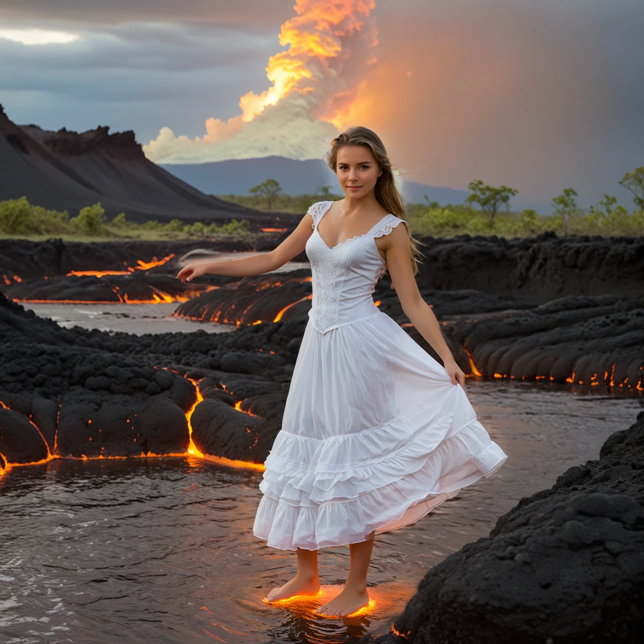 (Pure innocent adult victorian woman is dancing in lava with bare feet:1.1). This evocative portrait captures a sophisticated woman (showing an artistic dynamic pose in a middle of ethereal river of the lava:1.1). Her pure white surreal revealing gown contrasts with orange hues of lava and dark carbon ground, creating a dramatic dissonance between subject and environment. The slender woman's backward glance and barefoot stance convey a mixture of vulnerability and quiet determination. The dirt path winds into the distance, symbolizing an unknown future or a path less traveled. Muted color palette and the model's casual attire emphasize the intimate atmosphere of scenery.
BREAK Captivating photograph juxtaposes the primal energy of molten lava and ethereal dramatic sky. The serpentine rivers of magma carve their way through the rugged voxelized landscape with mesmerizing contrast of warmth and coolness. The lava's incandescent oranges and yellows seem alive, pulsating against the stolid grays of the surrounding rock.
BREAK Above, the sky unfolds in a breathtaking mix of light and shadow, with luminous clouds catching the blue hues of a hidden morning sun. deep shallow dof, low-angle composition, high dynamic range, natural lighting, golden hour illumination, cloud-diffused sunlight, strong tonal contrast, vivid color saturation in foreground, muted tones in background, rule of thirds applied to horizon placement, leading lines formed by lava flow, lens flares and light leaks, balanced exposure between bright lava and darker surroundings.
BREAK Photograph is featured with noticeable rim lighting effect and strong gloom. subject in sharp focus against blurred background, natural lighting, soft shadows, muted green color grading, low contrast, slight vignetting, minimal chromatic aberration, diffused highlights in foliage, strong swirly bokeh, slight motion blur in subject's hair suggesting movement.
<lora:Meostigmat_f1.7_100mm-000019:0.43>