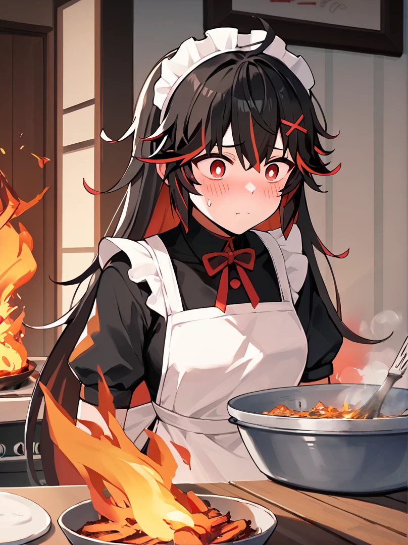 score_9, score_8_up, score_7_up, score_6_up, score_5_up, score_4_up, source_anime, plumebase, red eyes, long hair, black hair, two-tone hair, x hair ornament, small pupils,
maid, cooking, blush, fire, confused, sweatdrop, burning, steam, messy hair, smoke, frayed hair, burning house
<lora:luciaplume-step00001600:1>