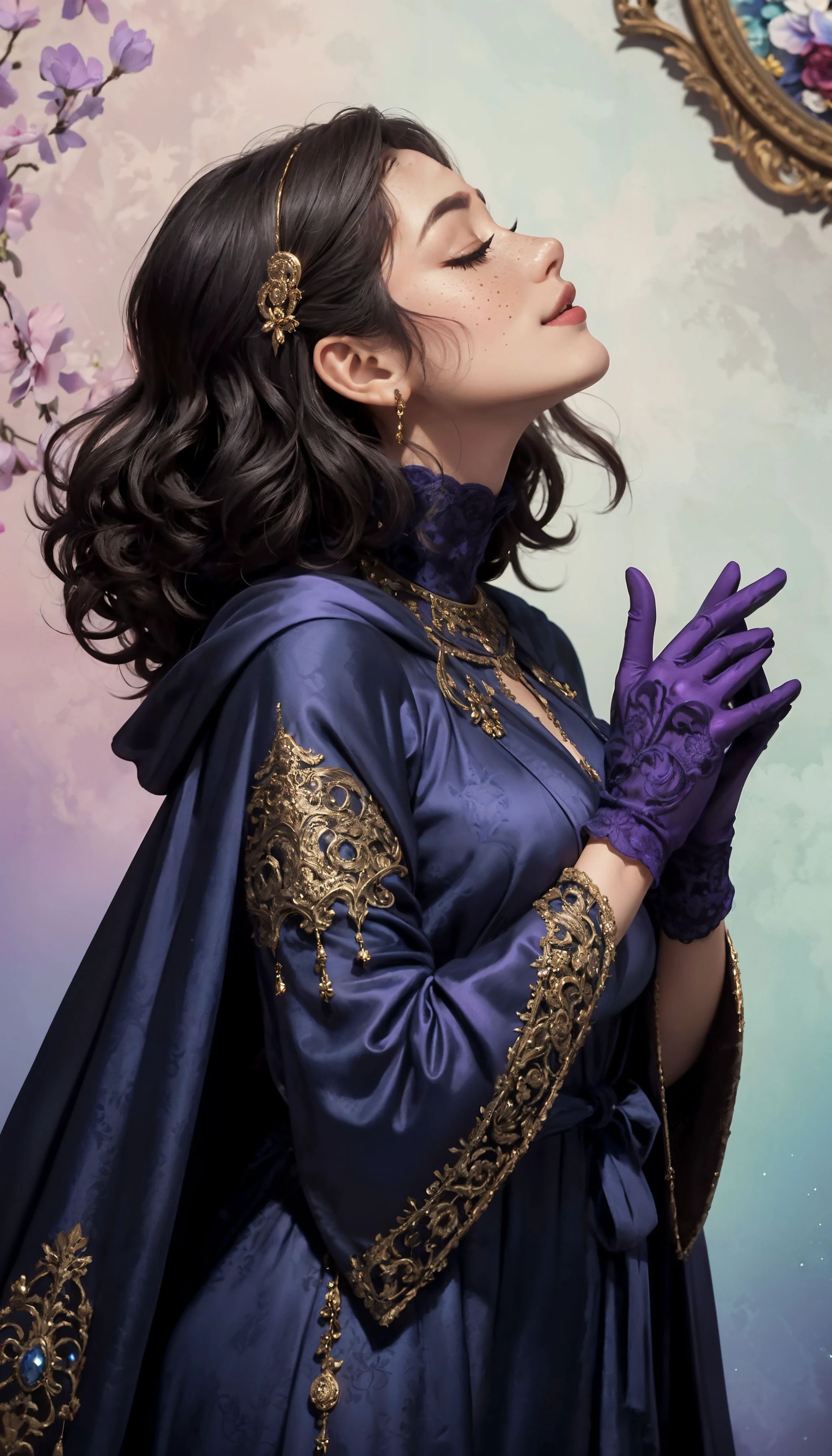 profile, 1girl, looking up, parted lips, happy, closed eyes, freckles, snub nose, curly hair, satin dress, purple cloak, indigo dress, long dress, gloves, jewelry, ethereal, pastel, embroderie, ornate, intricate, gradient background, 8k high detail, (masterpiece:1.2), (best quality:1.1), centered composition