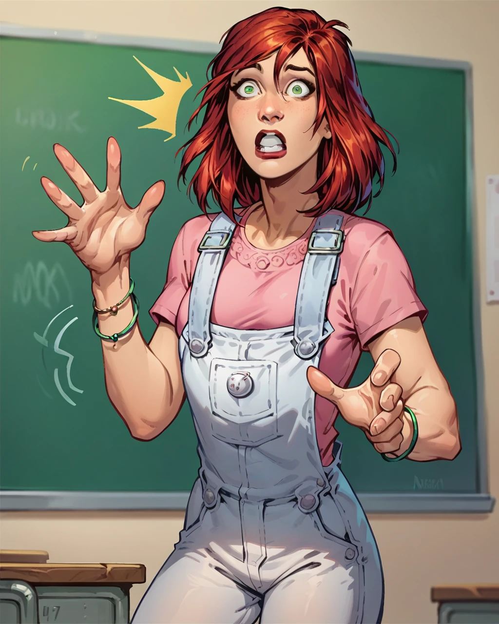 score_9, score_8_up, score_7_up, score_6_up, 2d, 1girl, MJW, solo,medium hair,green eyes,red hair, vibrant, highly detailed, bracelet,pink shirt,overalls, petite, dark, shocked,shiny skin, classroom at noon