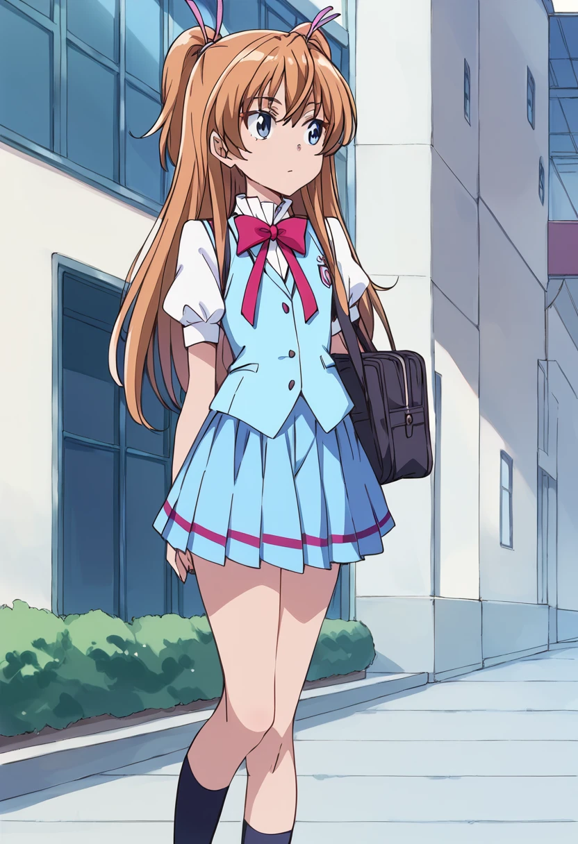 score_9, score_8_up, score_7_up, source_anime BREAK
houjou hibiki, aria gakuen school uniform, 1girl, solo, school uniform, two side up, long hair, blue eyes, eyelashes, kneehighs, blue skirt, blue shirt, orange hair, socks, brown hair, walking, white legwear, outdoors, standing, bowtie, school bag, short sleeves, blue vest, miniskirt, pink bow, hair ornament, puffy sleeves, building, twintails, half updo, hair ribbon, pleated skirt, legs, expressionless, white shirt
<lora:cure_melody_houjou_hibiki_sdxl_locon_pony_v1:0.7>