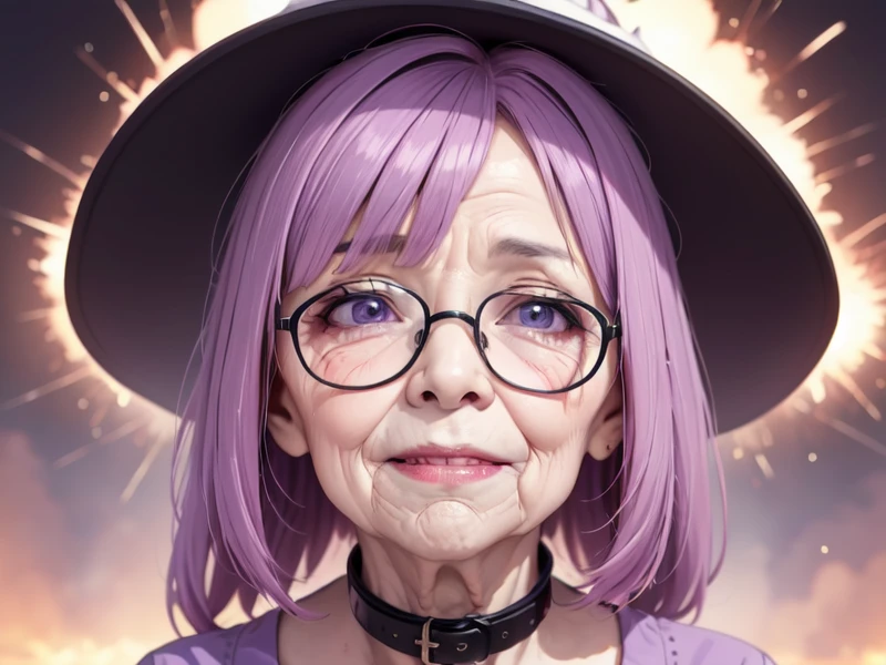red_sky, (nerunerunerune:1.2), (smile:1.2), 80 years old woman, (An old woman with nasolabial folds on her face:1.5), in a witches hat with collar, a hologram, detailed face, magical realism, upper body, (one big illuminates exploding light neon behind her:1.2), Stir purple cream sprinkle candy, Glasses, modern_girl_hair, (shrug:1.3)