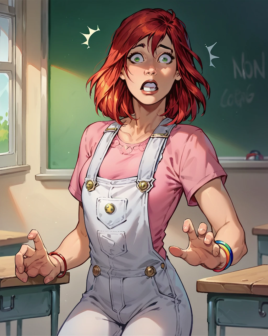 score_9, score_8_up, score_7_up, score_6_up, 2d, 1girl, MJW, solo,medium hair,green eyes,red hair, vibrant, highly detailed, bracelet,pink shirt,overalls, petite, dark, shocked,shiny skin, classroom at noon