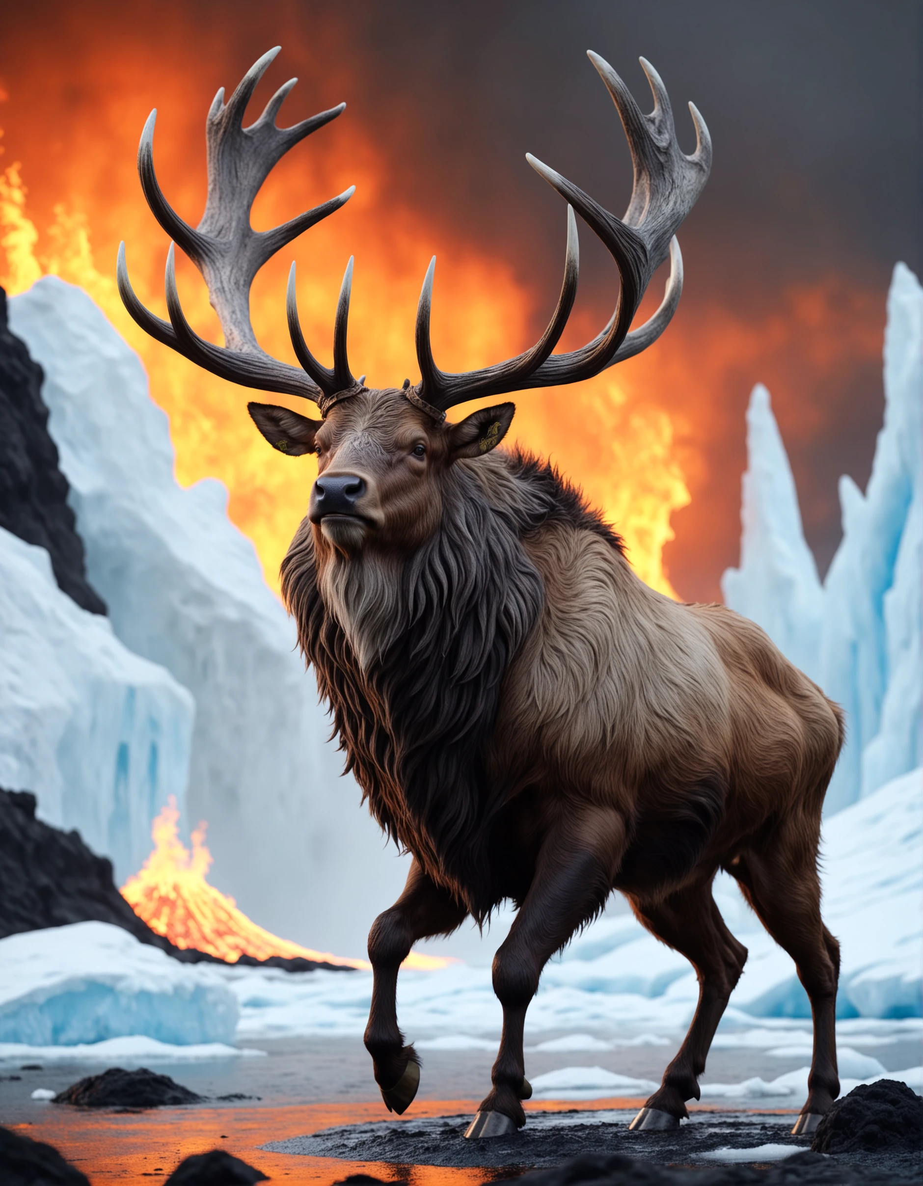 best quality, a old Beast with fur and antlers, epic, ice, lava in the background