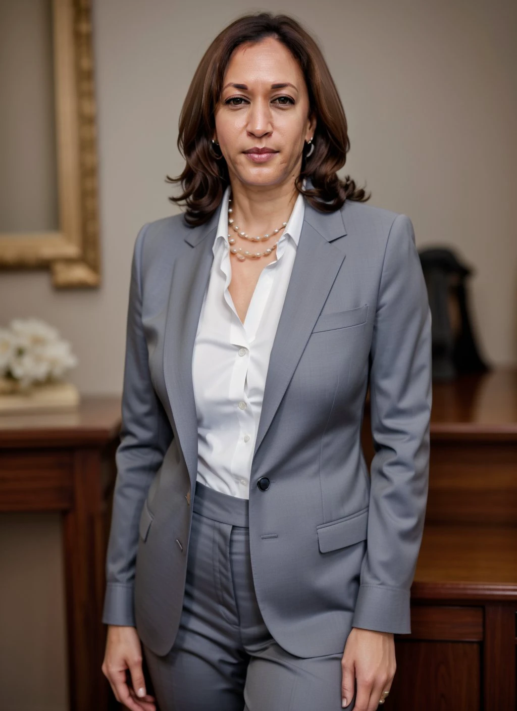 Kamala Harris, 1girl, solo, looking at viewer, smile, brown hair, shirt, brown eyes, jewelry, full_body, earrings, indoors, lips, black shirt, formal, ring, classic blue suit, realistic, Modelshoot style, Professional Photography, soft lighting, PHOTOREALISTIC, Realistic, standing in a dark studio background, blurred background, volumetric fog,. RAW, analog style, sharp focus, 8k, HD, DSLR, high quality, Fujifilm XT3, film grain, award winning, masterpiece, <lora:Kamala Harris:0.5>