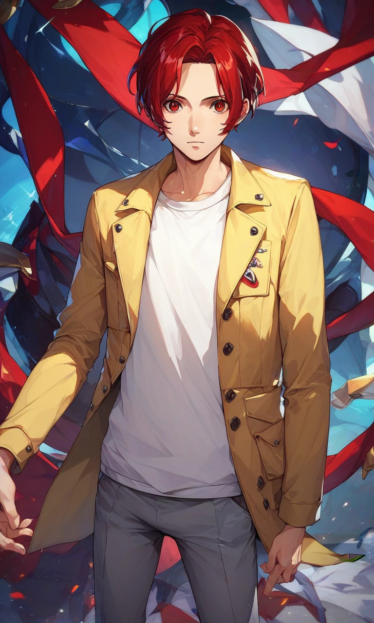 score_9,score_8_up,score_7_up,score_6_up,source_anime,1 boy,wonder_p5x,red eyes,middle parted,red hair,teenager,male_fcous,,looking at viewer,yellow jacket,grey pants,<lora:wonder_p5x:0.8>