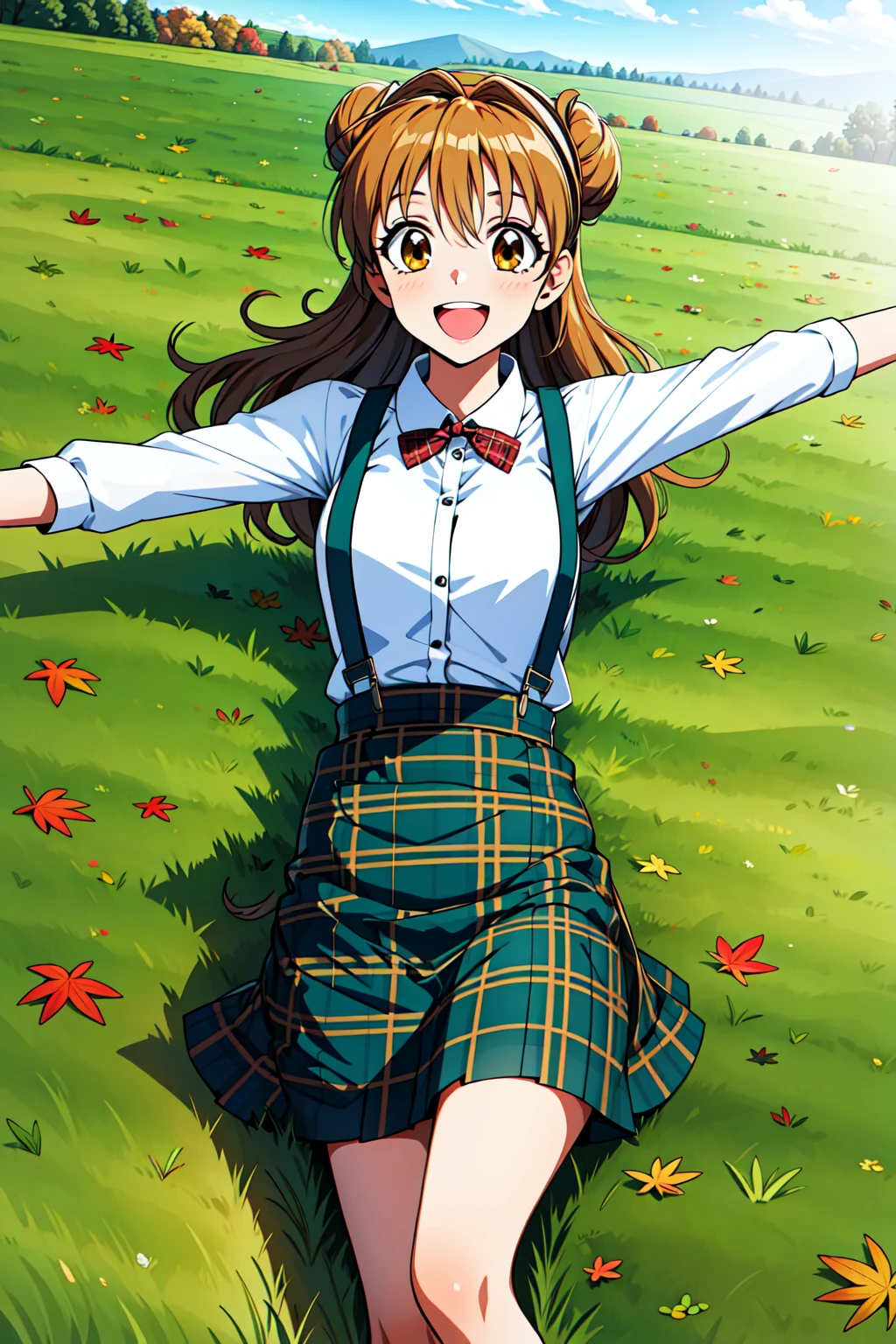 best quality, masterpiece, highrers, maronk, smile, hair down, doughnut hair buns, autumn, outdoors, plaid skirt, suspenders, casual, hairband, smile, 
lying, grass, field, outstretched arms, smile, open mouth, <lora:maronk-000007:.7>