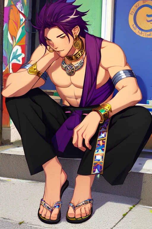 (masterpiece),(best_quality),1boy,Ashuraou,bare shoulders,bracer,jewelry,purple sash,belt,black pants,bell bottoms,multicolored flip-flops,<lora:Ashuraou:1>,