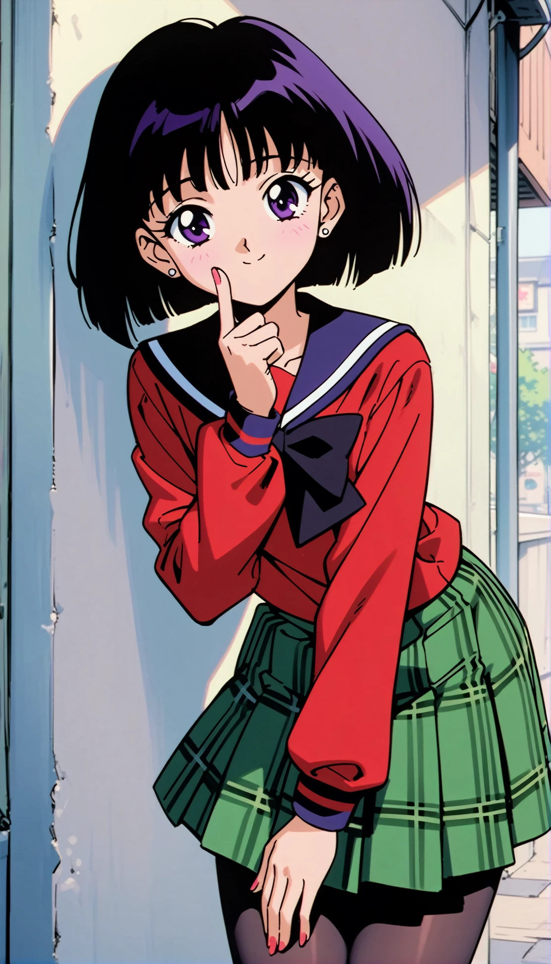 masterpiece,best quality,very aesthetic,absurdres,<lora:Sailor Saturn XL:0.8>,Sailor Saturn XL,1990s \(style\),1girl,solo,short hair,black hair,purple eyes,skirt,mugen school uniform,pantyhose,bow,green skirt,plaid skirt,plaid,black pantyhose,long sleeves,striped,cowboy shot,red shirt,stud earrings,street,cowboy shot,smile,