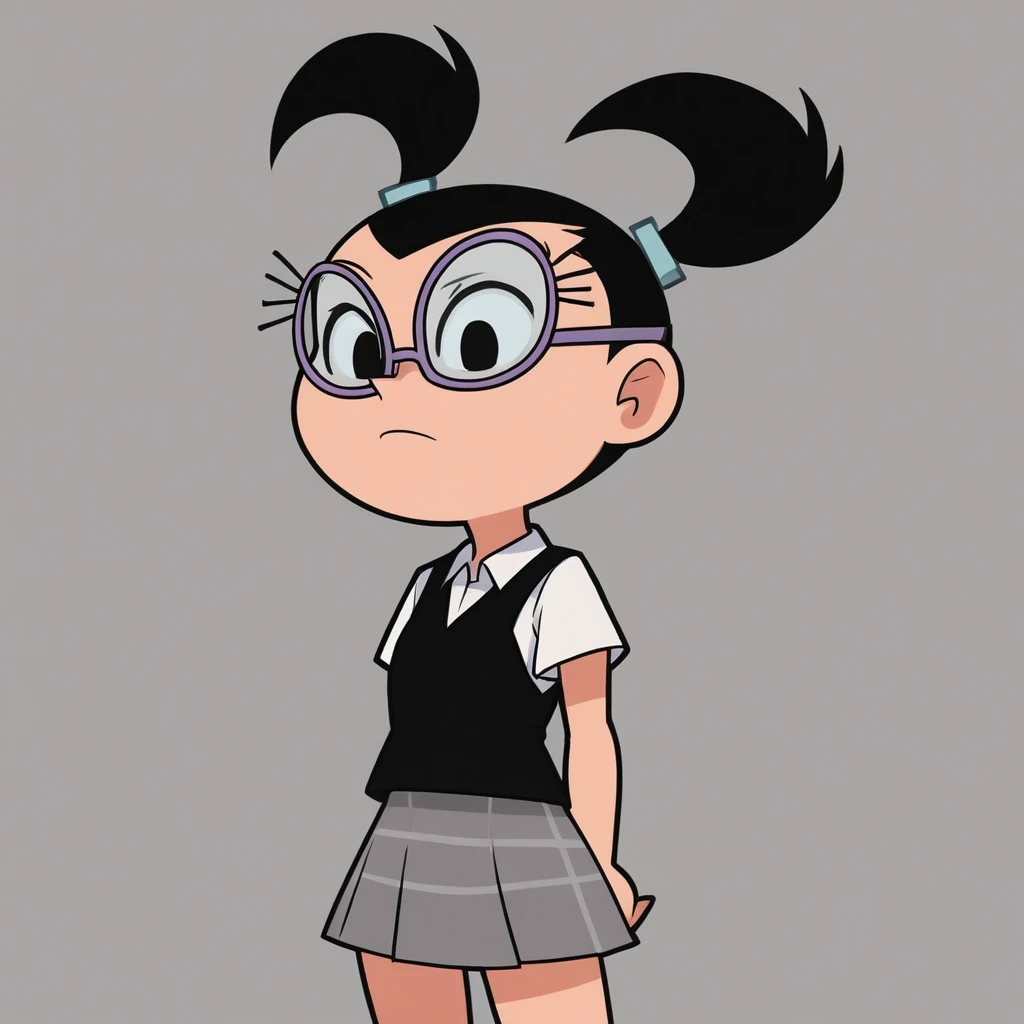 score_7_up, BREAK, source_cartoon, Tootie, 1girl, solo, black hair, twintails, black eyes, glasses, white shirt, school uniform, skirt,  <lora:Tootie_FOP_PXL_Leaf2:1>, cowboy shot,