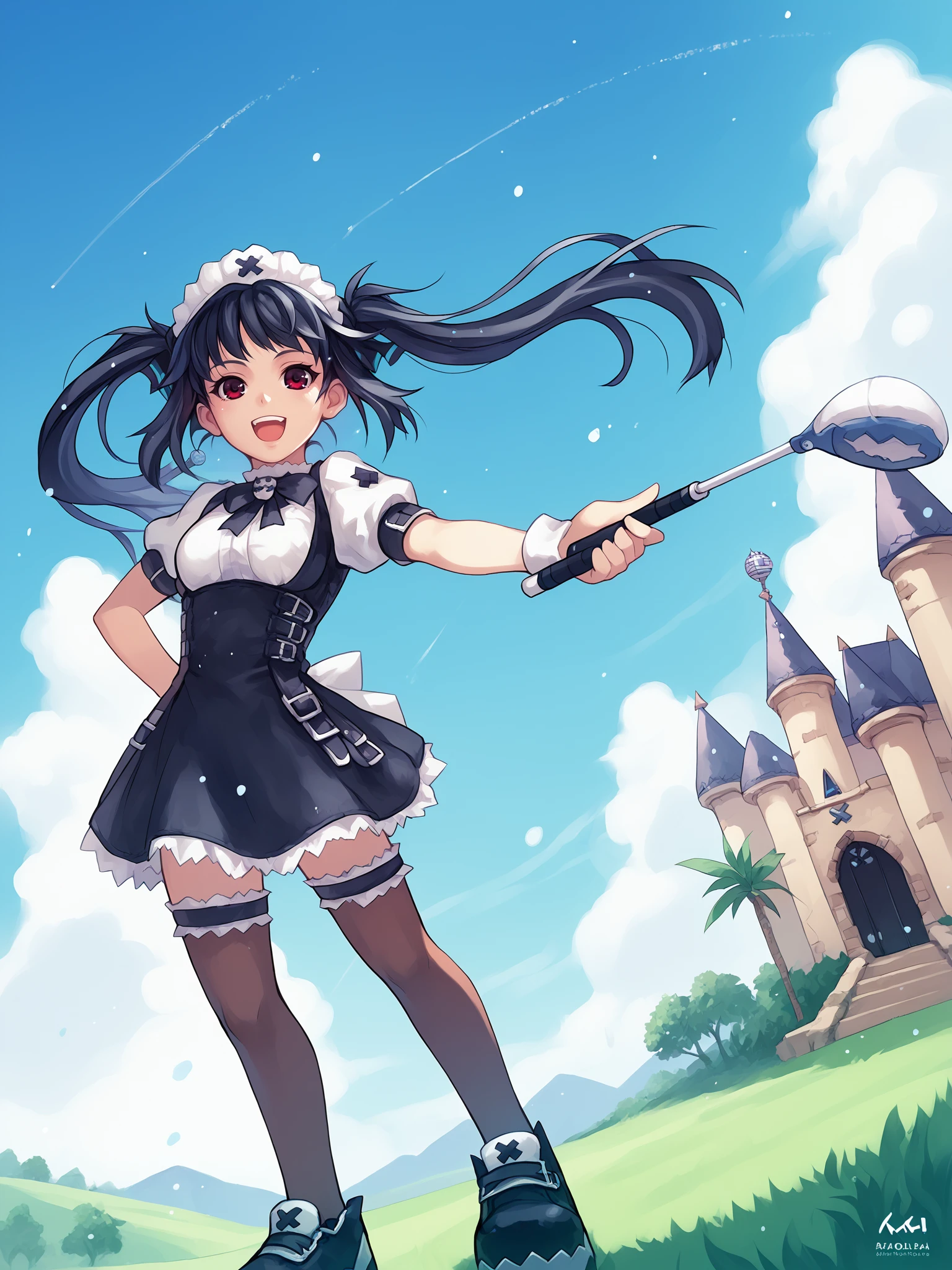 score_9,score_8_up,score_7_up,score_6_up, source_anime,
1girl, solo, <lora:SeeDark_Style_Pony_v3:0.9> , playing golf, golf course, green grass, (blue skies:1.1), clouds, fantasy castle, dutch angle, pov, dynamic angle, foreshortening, magic particles, from below, standing, BREAK
<lora:kooh.pony:0.7>, kooh, maid, golf ball, smiling, open mouth, floating hair, black hair,