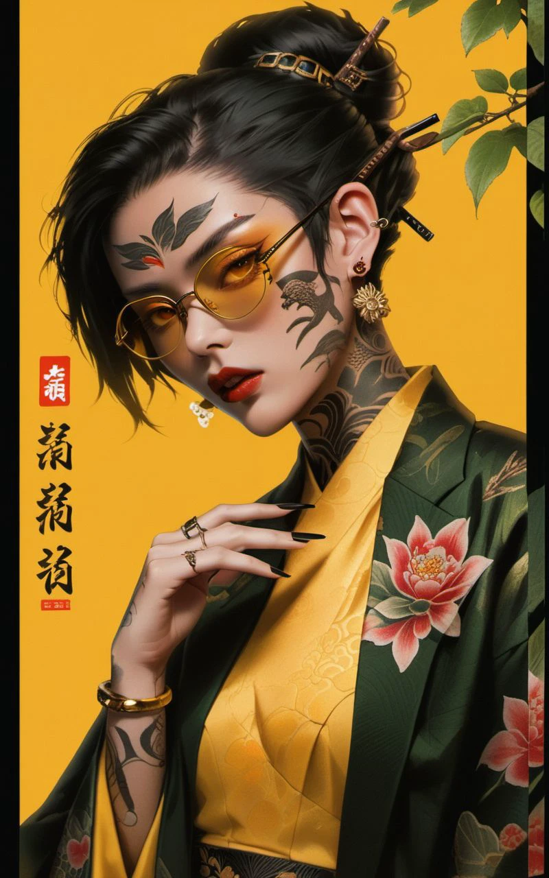 XUER poster art,1girl,solo,looking at viewer,short hair,black hair,red eyes,jewelry,jacket,upper body,earrings,japanese clothes,open clothes,glasses,hand up,dark skin,kimono,hair bun,nail polish,mole,bracelet,dark-skinned female,lips,fingernails,tattoo,makeup,facial mark,piercing,single hair bun,ring,plant,lipstick,black nails,mole under mouth,eyeshadow,watch,yellow shirt,nose,branch,wristwatch,arm tattoo,facial tattoo,multiple rings,thumb ring,yellow-framed eyewear，
<lora:绪儿 海报艺术 XUER poster art:0.8>,