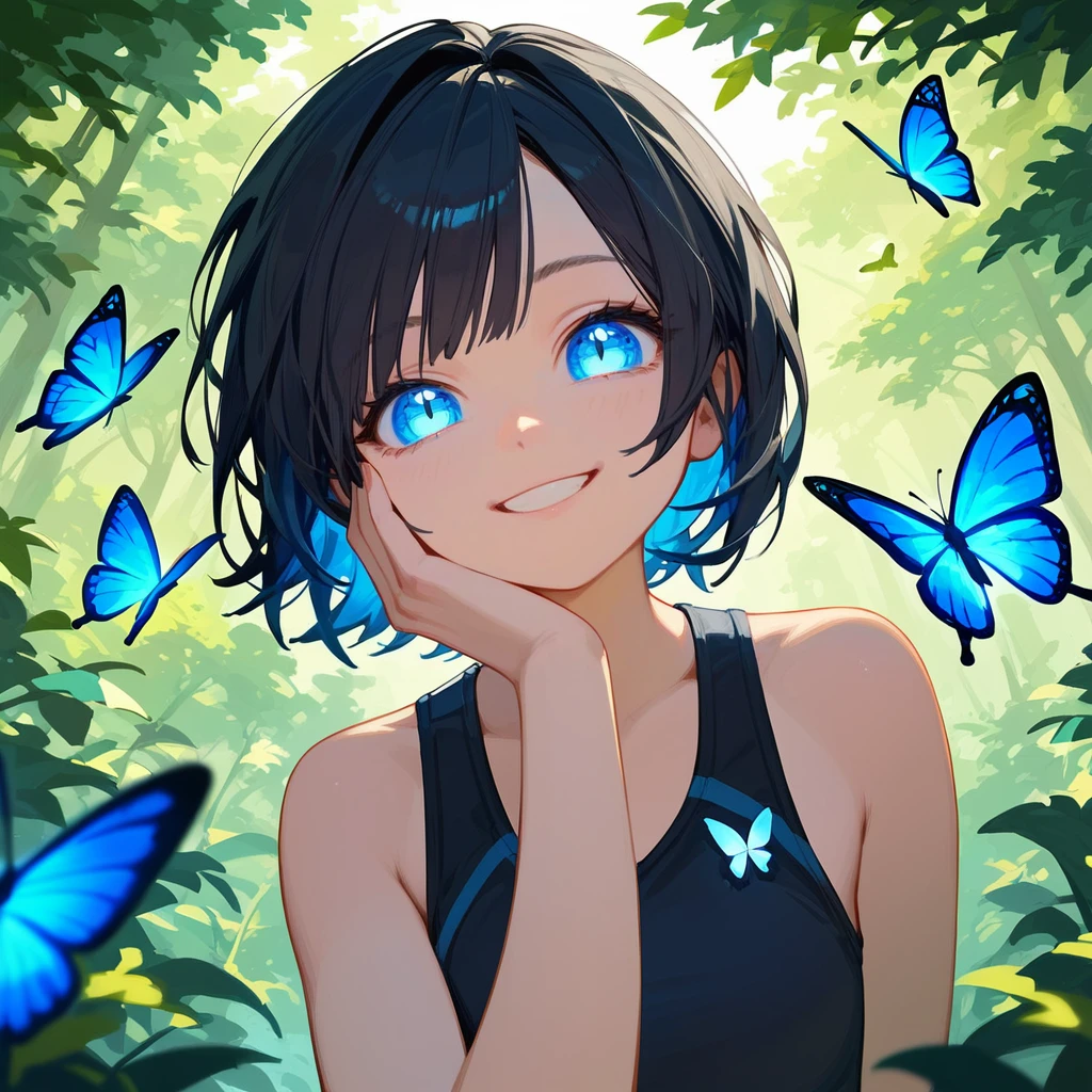 score_9, score_8_up, score_7_up, PDXL, <lora:ProfPic-000001:1>, pr0fpic, portrait, 
1girl, cute face, detailed eyes, blue glowing eyes, black hair, looking at the viewer, smiling, forest and butterflies in the background, black sports bra